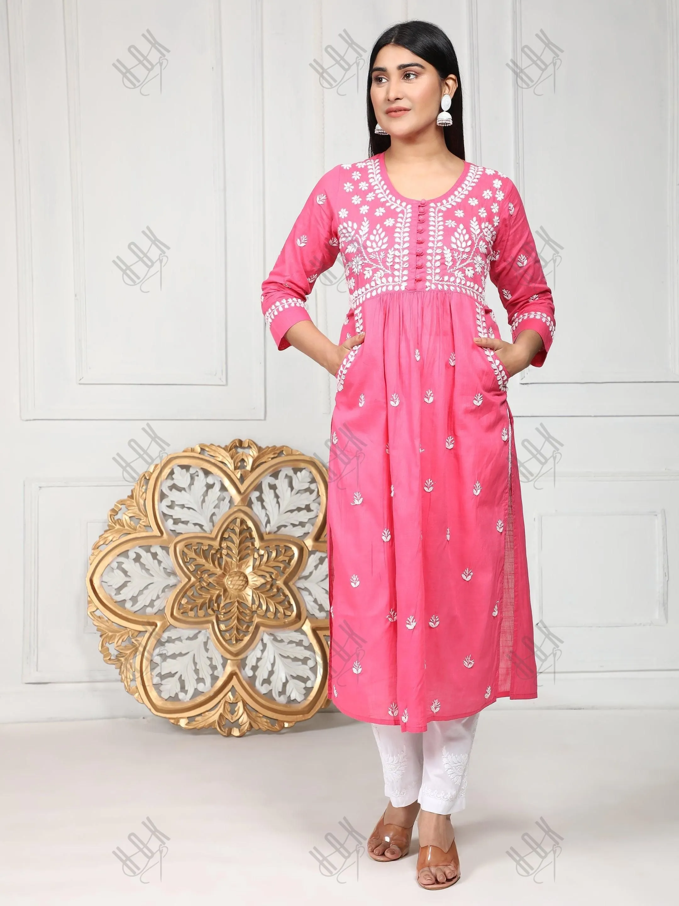 Fizaa Chikankari Long Kurti In Cotton For Women With Pocket