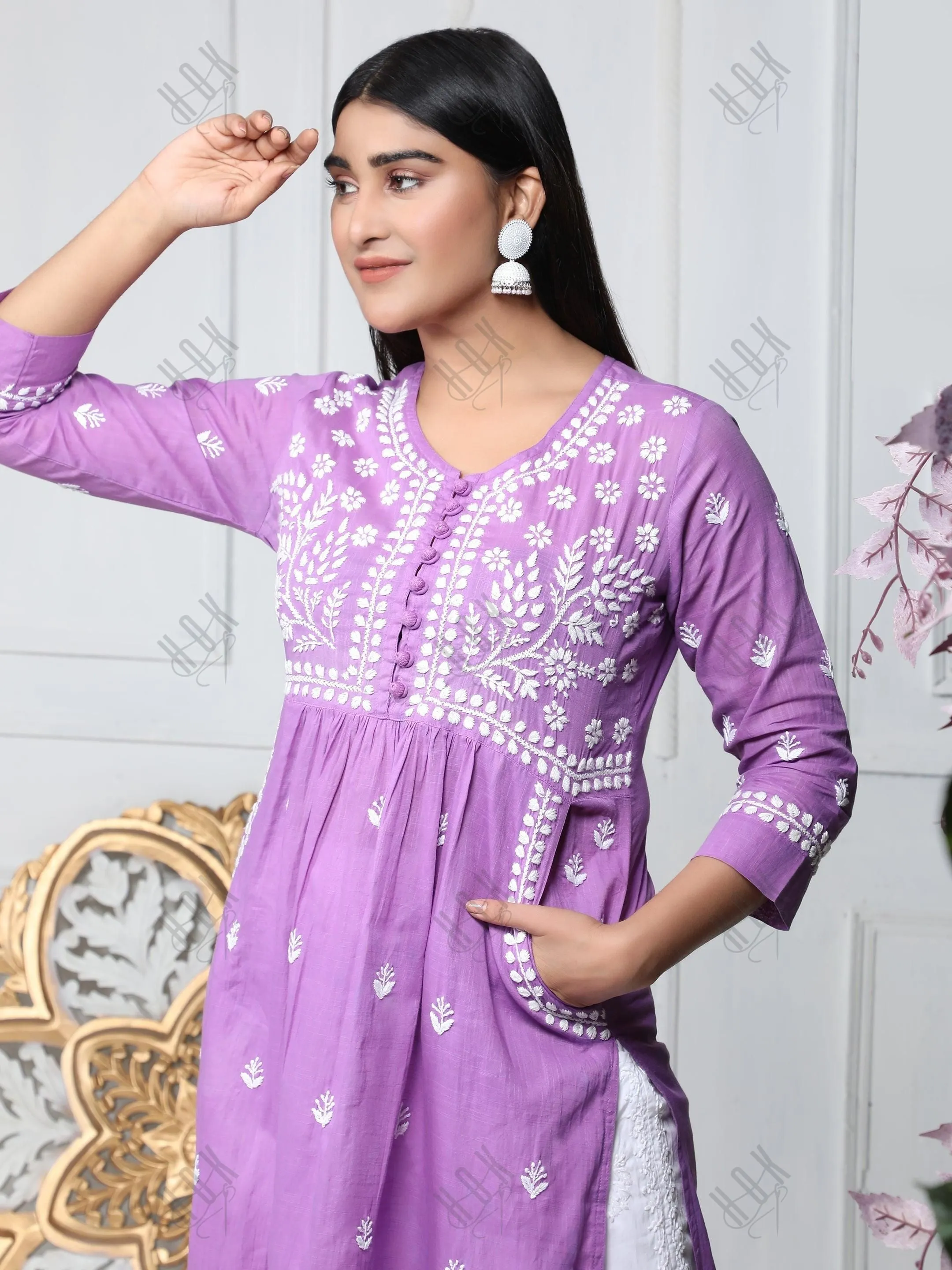 Fizaa Chikankari Long Kurti In Cotton For Women With Pocket