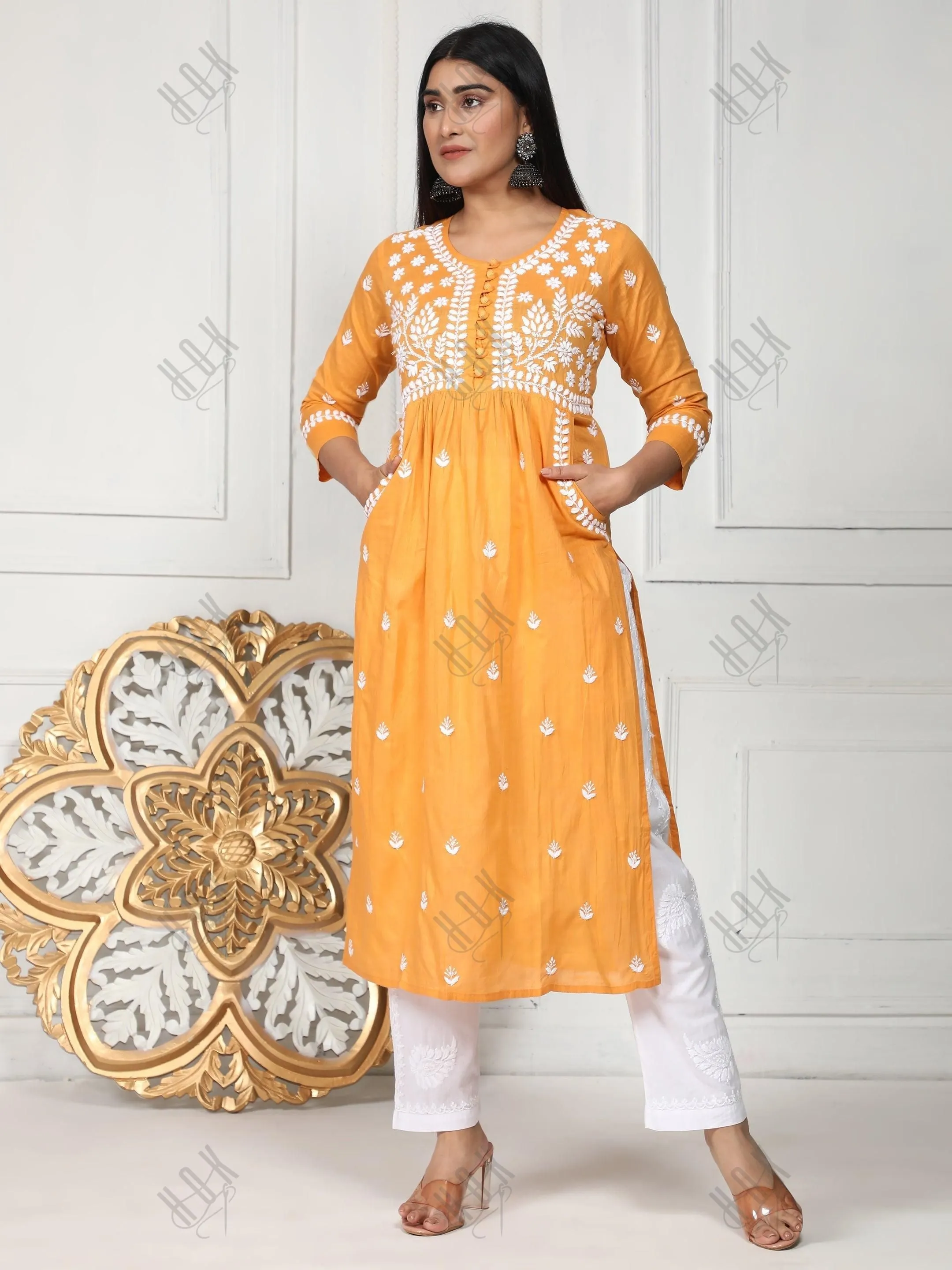 Fizaa Chikankari Long Kurti In Cotton For Women With Pocket