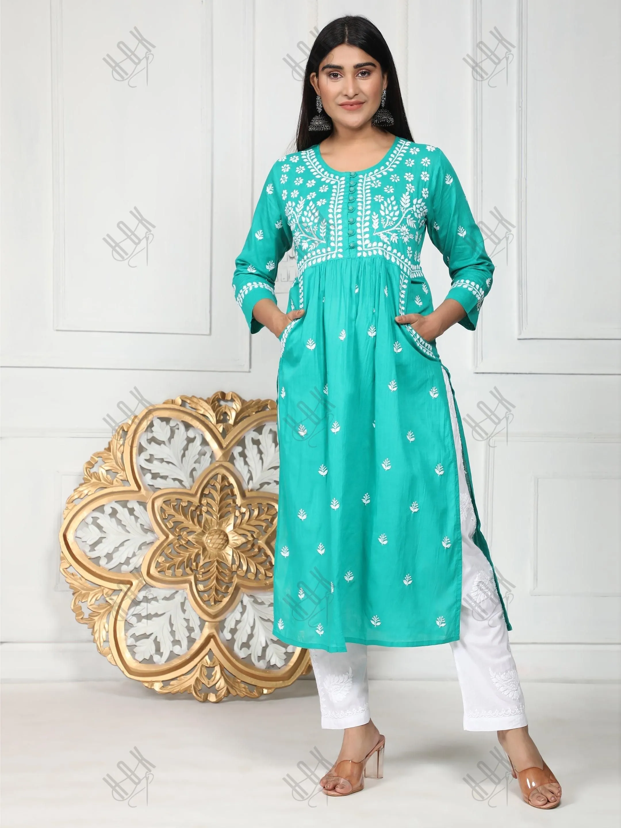 Fizaa Chikankari Long Kurti In Cotton For Women With Pocket