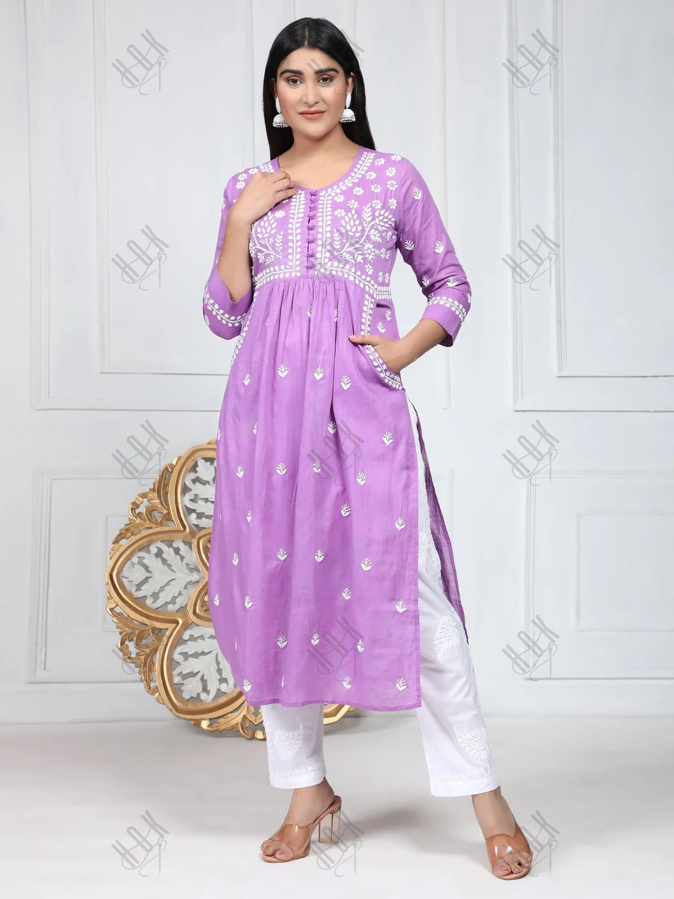 Fizaa Chikankari Long Kurti In Cotton For Women With Pocket