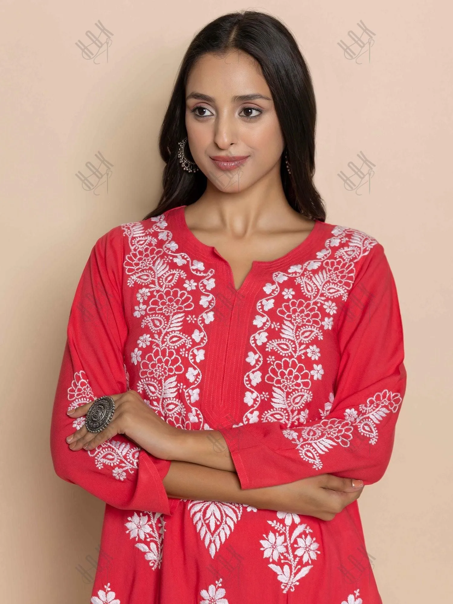 Fizaa Hand Embroidered Chikankari Kurta in Red