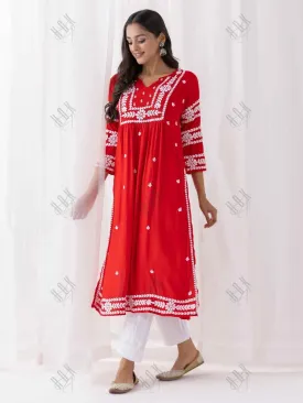 Fizaa in Chikankari Long Kurta in Rayon Cotton for Women- Red