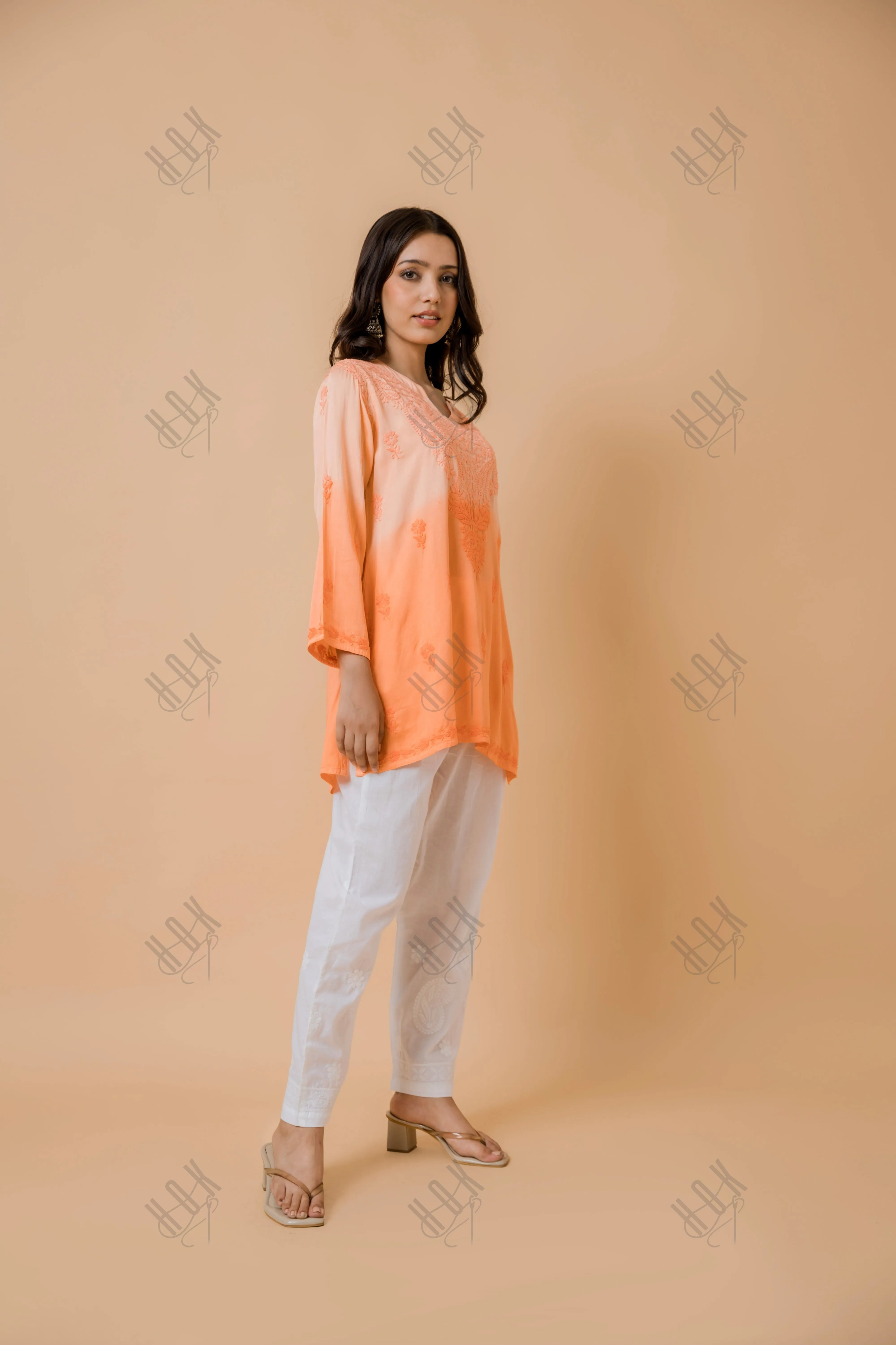 Fizaa Short Kurta in Satin Cotton for Women- Orange