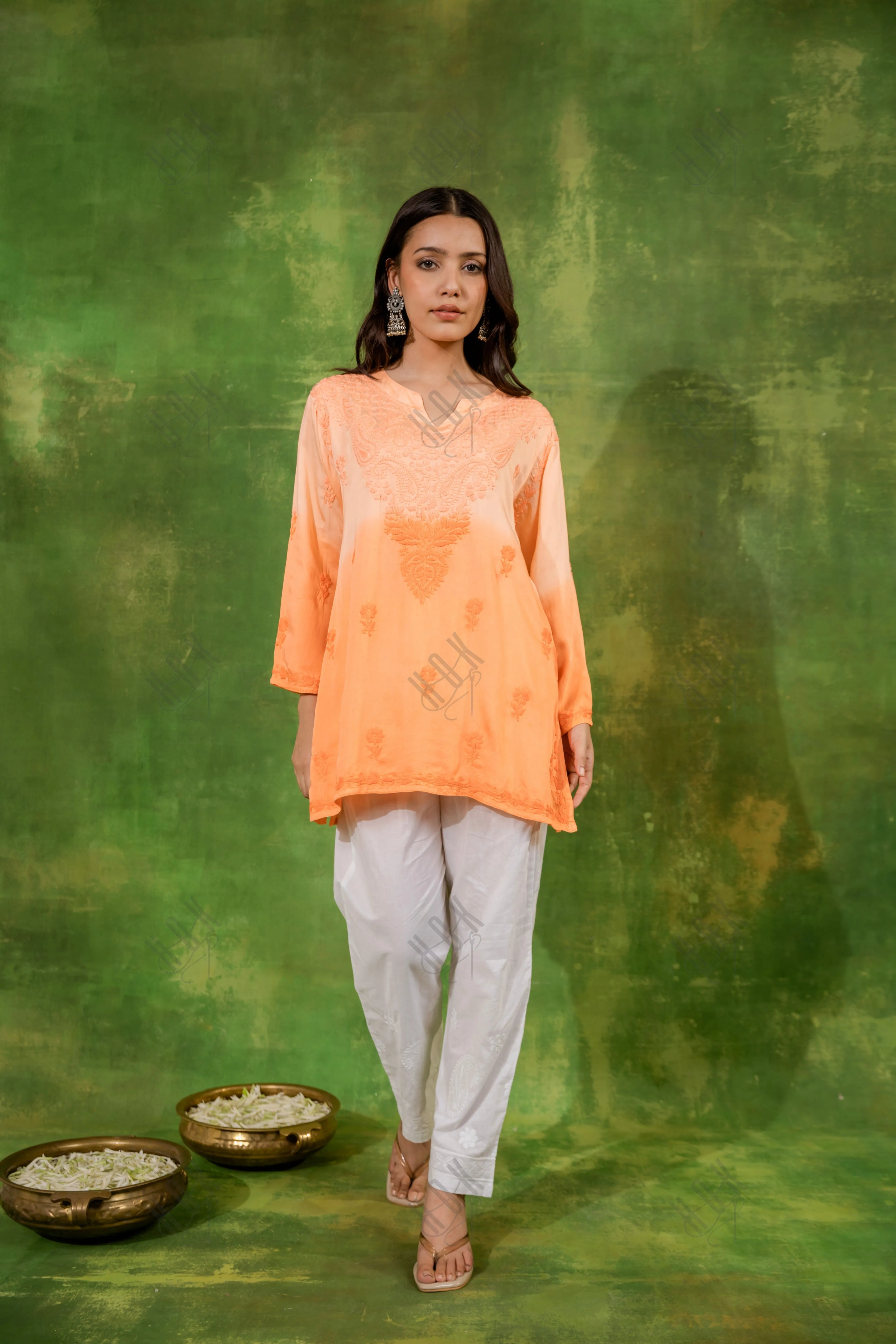 Fizaa Short Kurta in Satin Cotton for Women- Orange