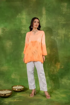 Fizaa Short Kurta in Satin Cotton for Women- Orange