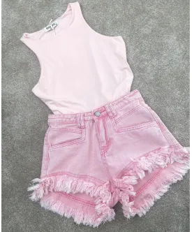 Fringe Hem Denim Shorts - Pink