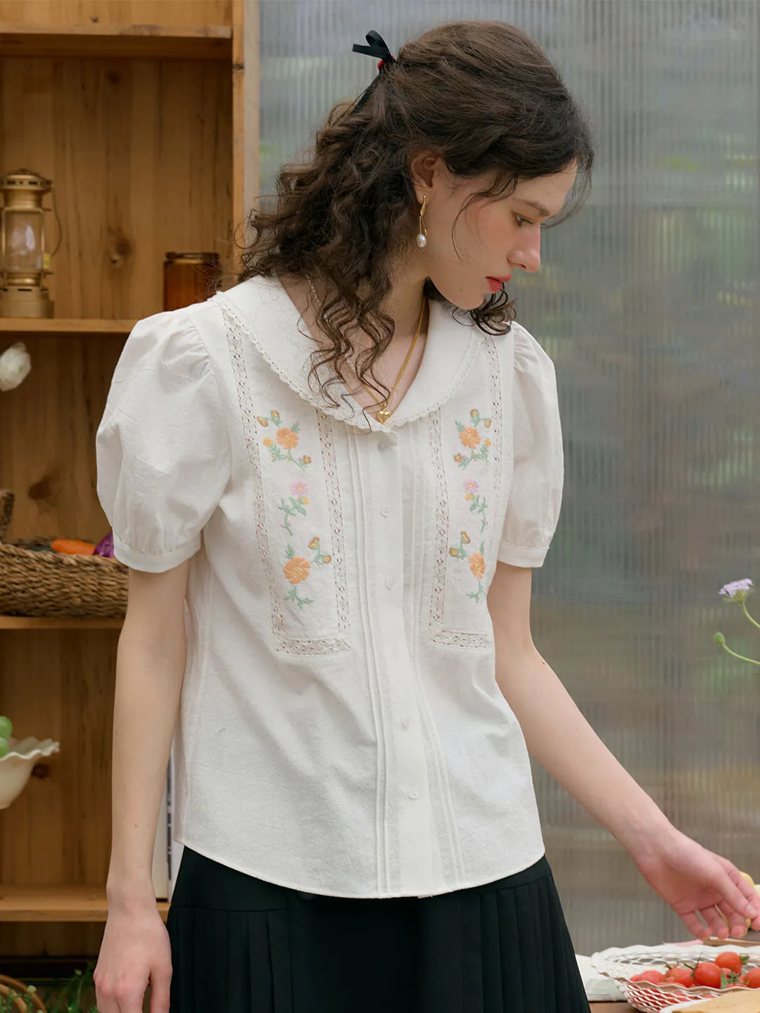 Gianna Peter Pan Collar Floral Embroidered Hollow Lace Puff Sleeve Cotton Blouse