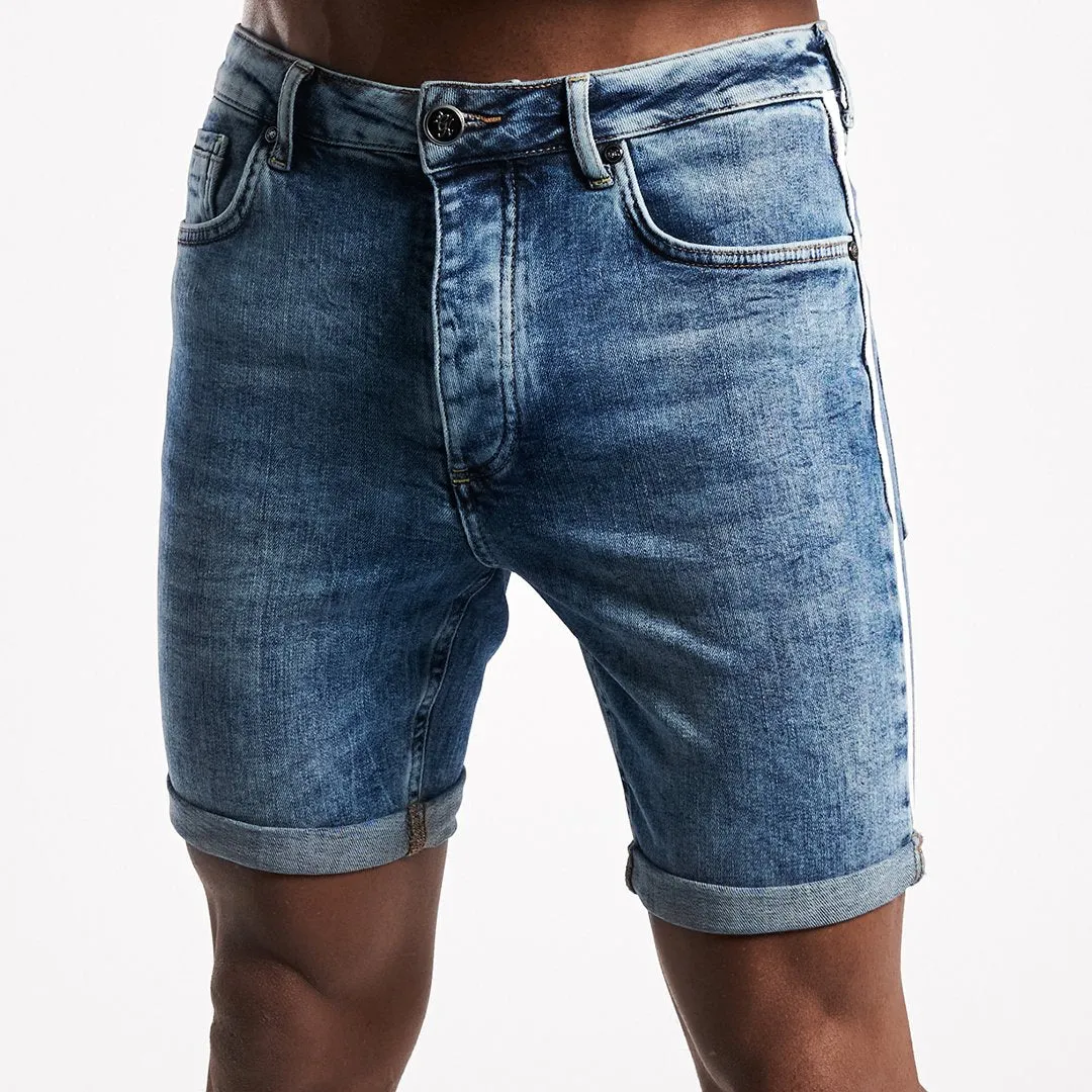 GK Bravo Denim Short With Stripe - Mid Wash