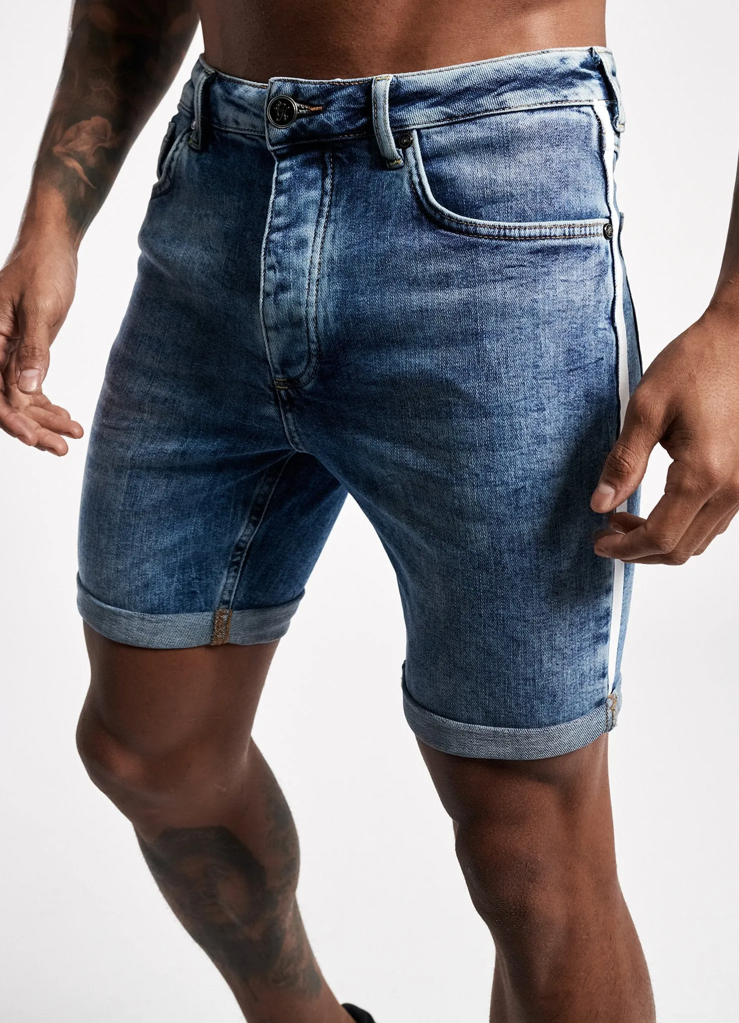 GK Bravo Denim Short With Stripe - Mid Wash