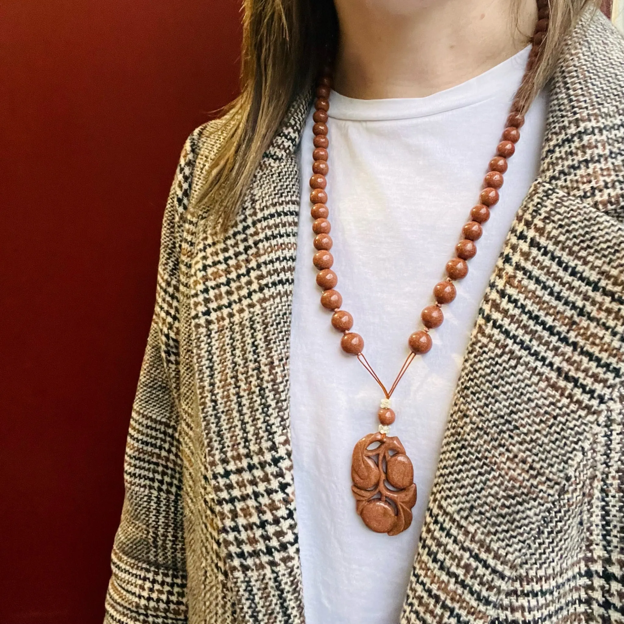 Goldstone Carved Plums & Beads Necklace