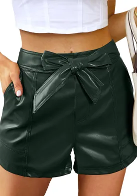 Green Gables Women's High Waist Wide Leg Stretch Belted Shorts PU Leather Pants