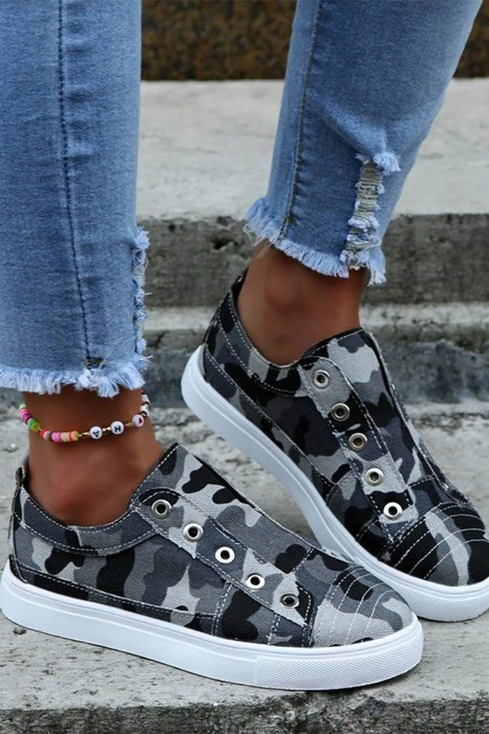 Grey Canvas Camo Distressed Women's Sneakers