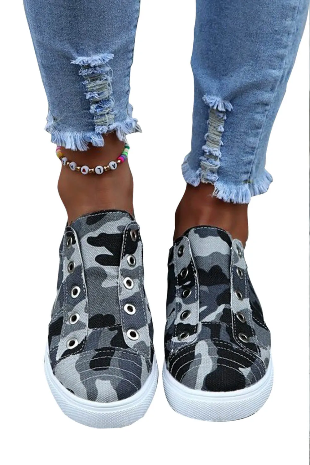 Grey Canvas Camo Distressed Women's Sneakers