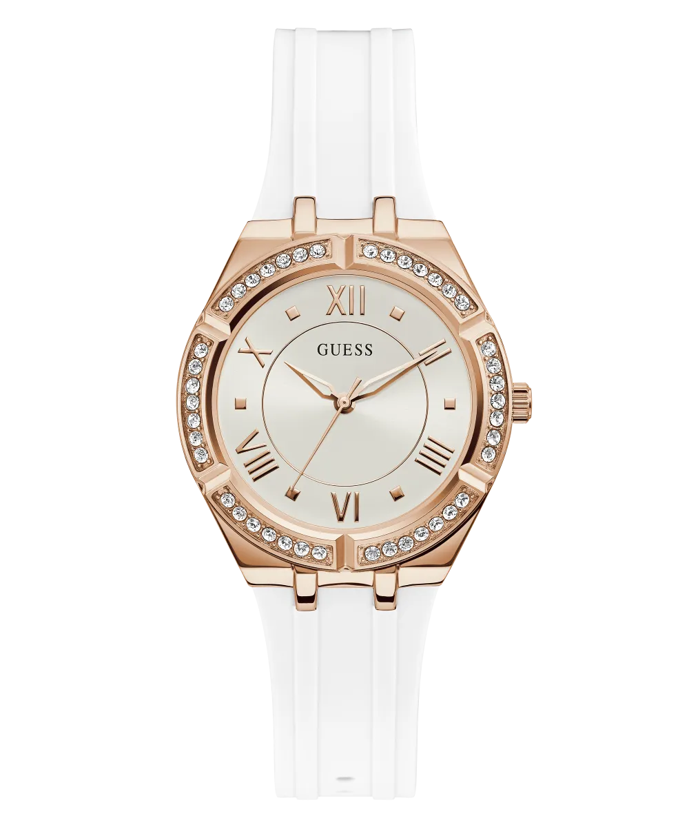 GUESS Ladies White Rose Gold Tone Analog Watch