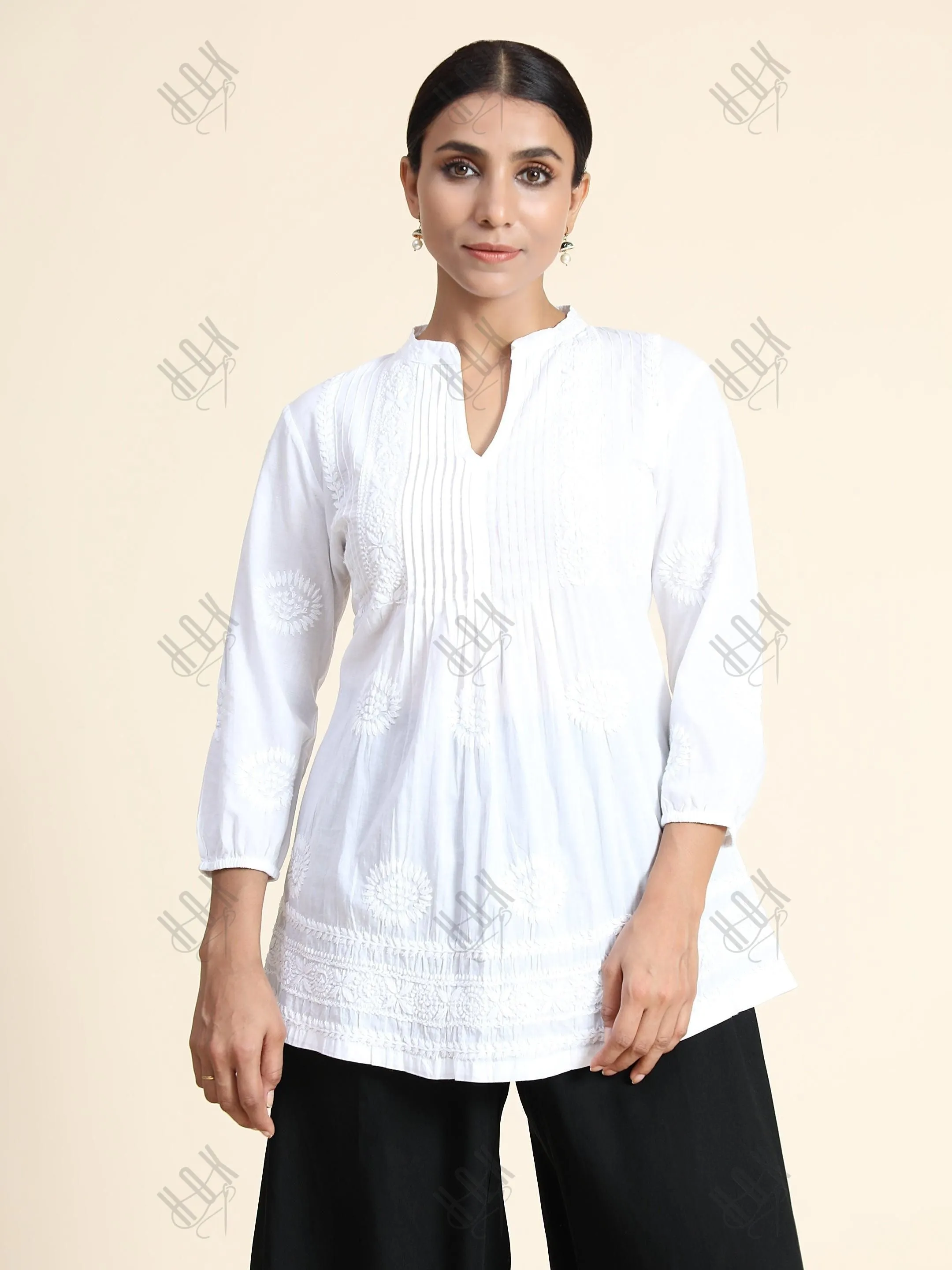 Hand Embroidery Chinakari Printed Short Cotton Tunics-White