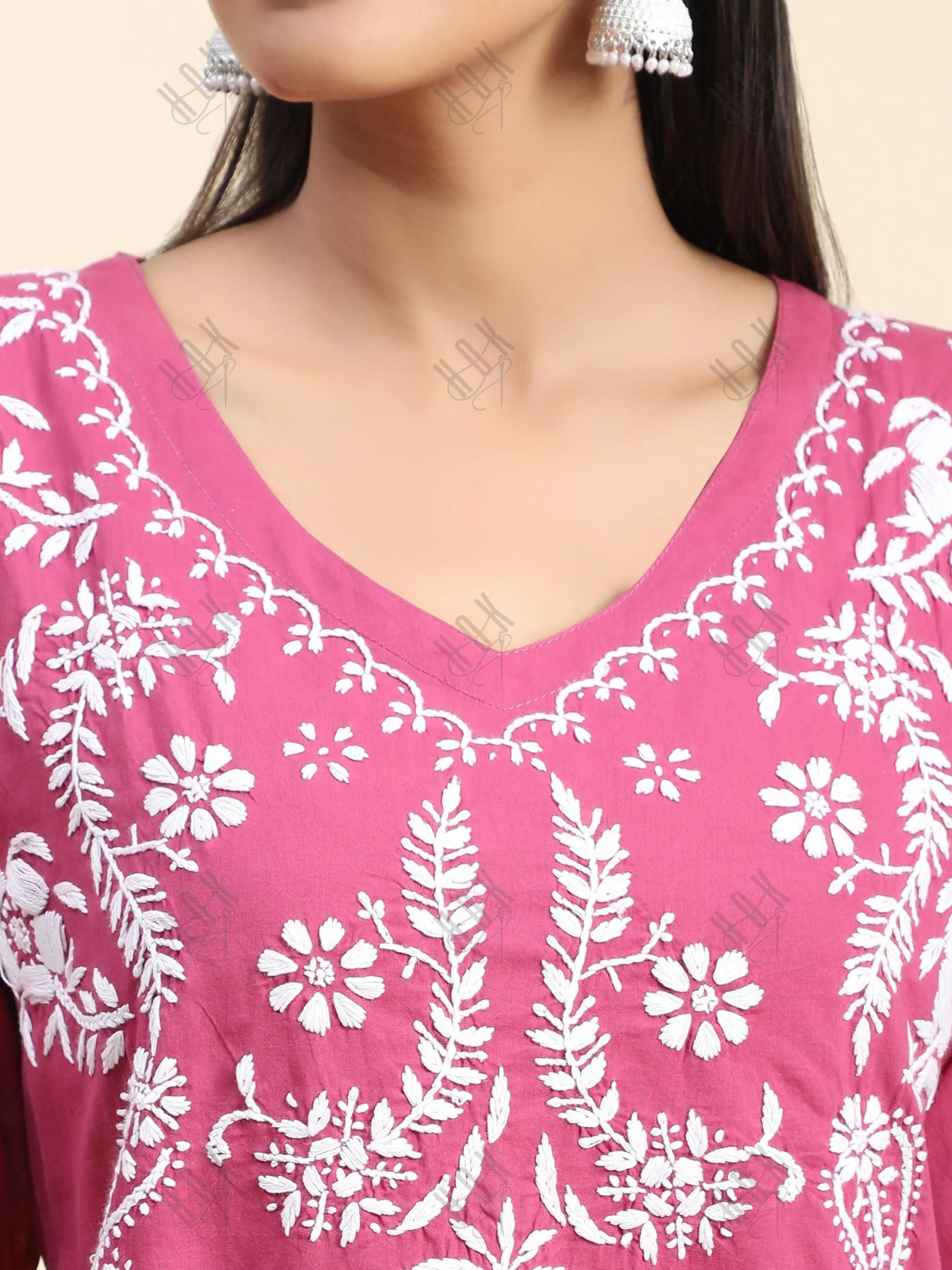 Hand Embroidery Chinakari Short Cotton Tunics- Pink