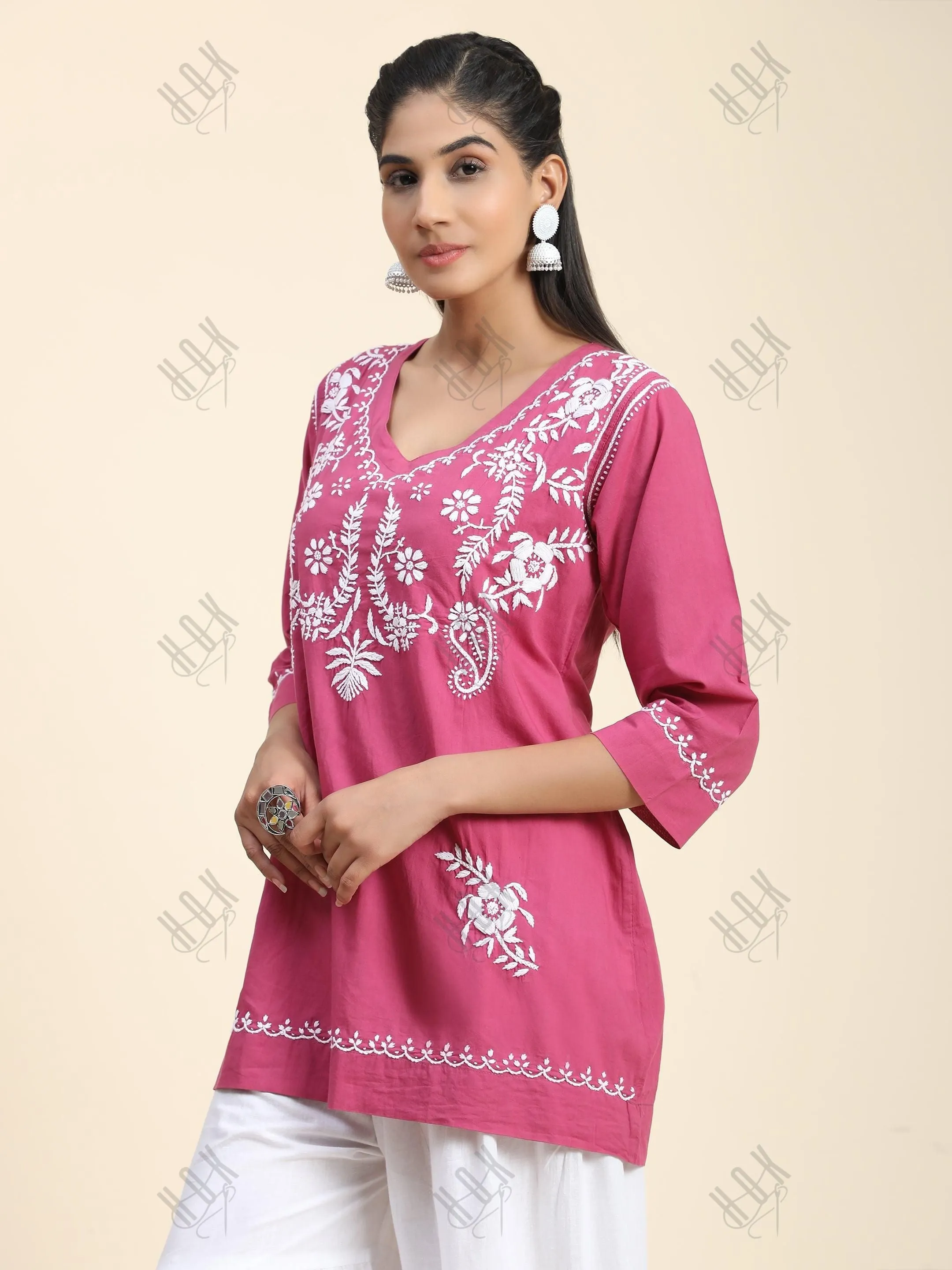 Hand Embroidery Chinakari Short Cotton Tunics- Pink