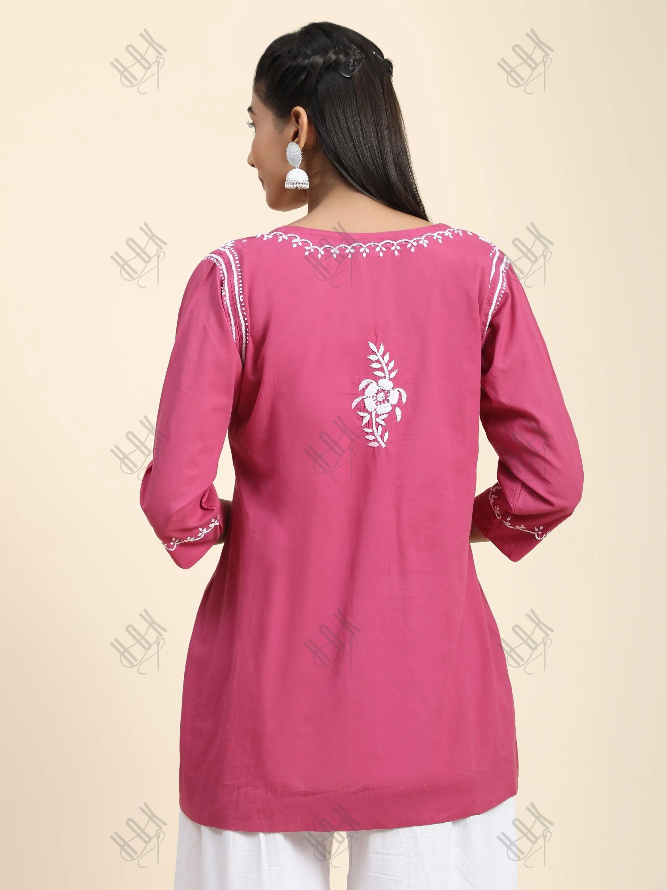 Hand Embroidery Chinakari Short Cotton Tunics- Pink