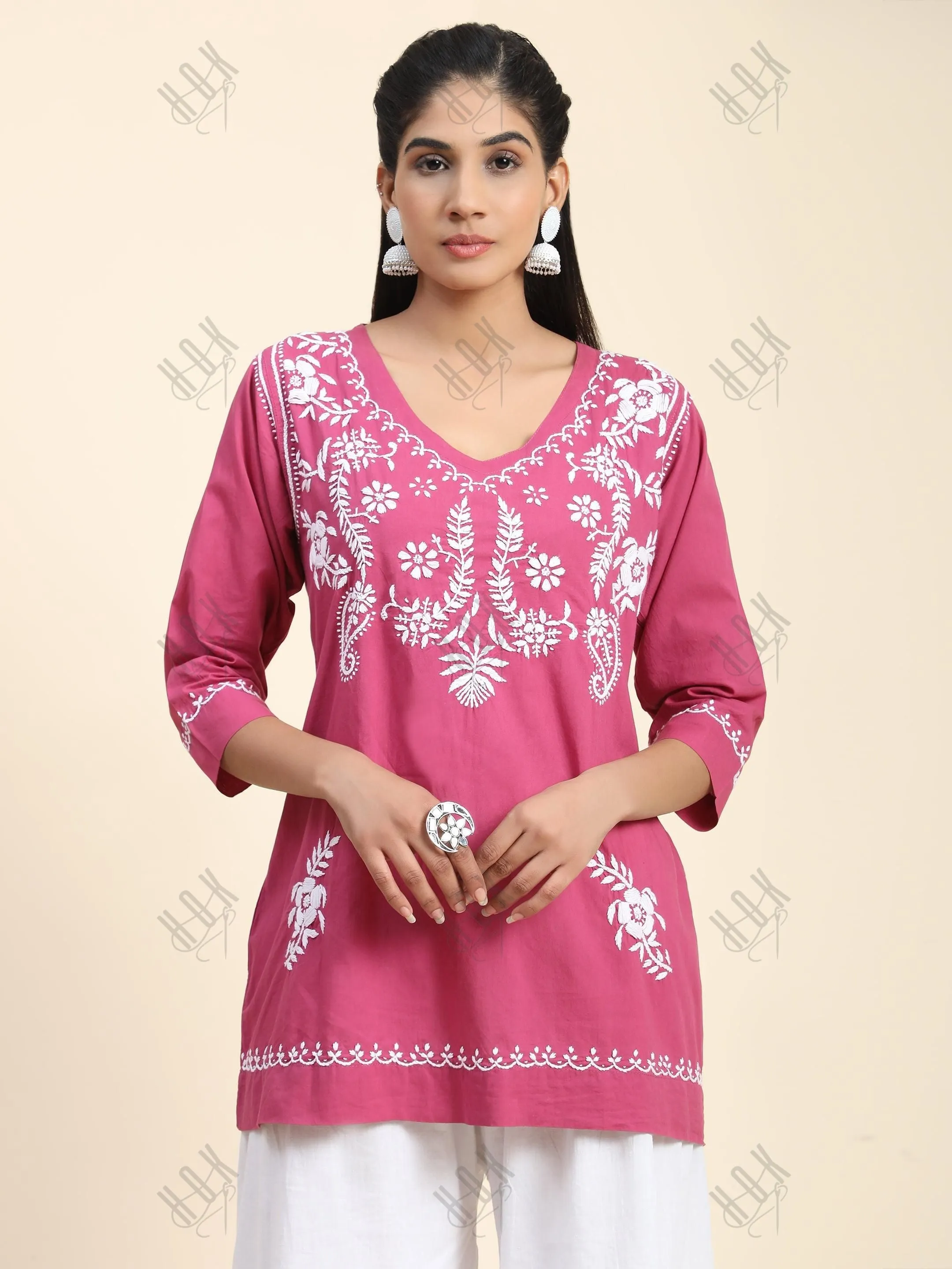 Hand Embroidery Chinakari Short Cotton Tunics- Pink