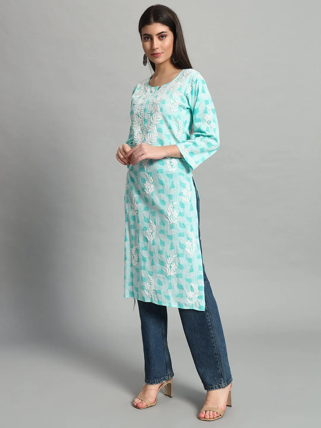 Handikraft Chikankari Kurta for Women Cotton Printed & Embroidered Straight Kurti Cyan