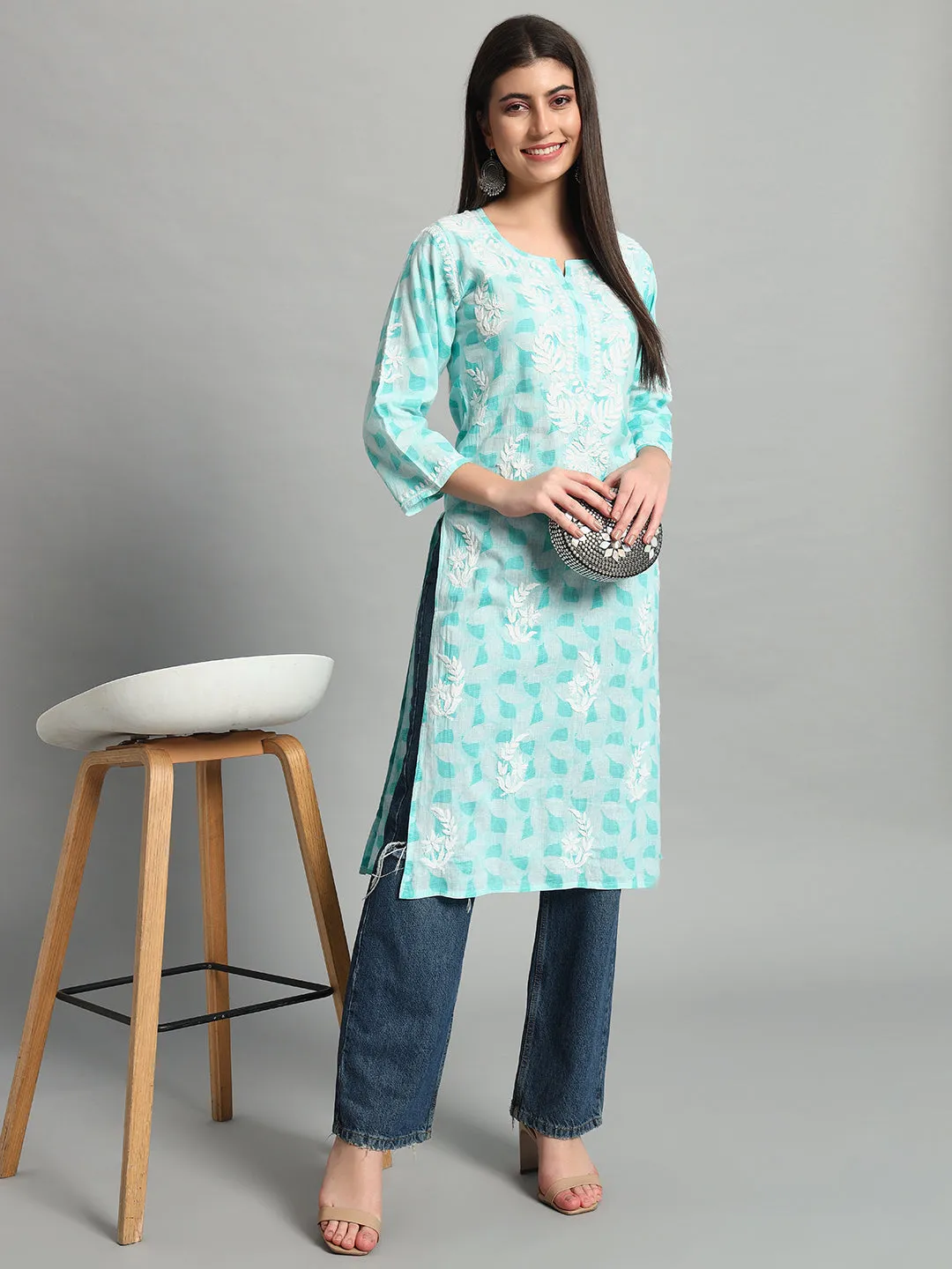 Handikraft Chikankari Kurta for Women Cotton Printed & Embroidered Straight Kurti Cyan