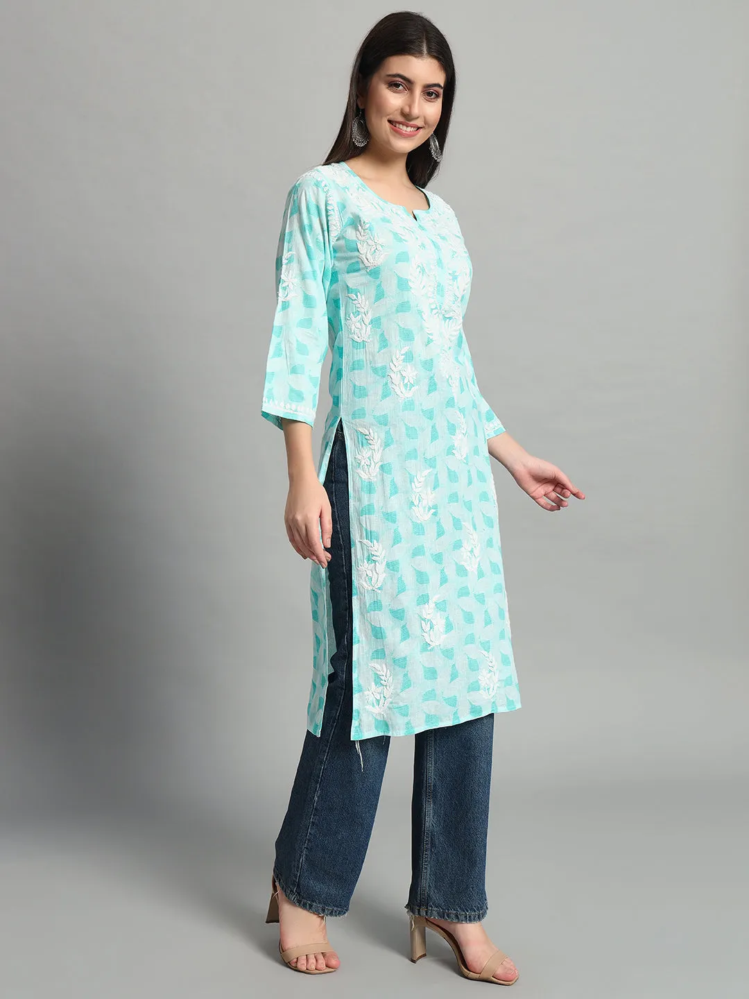 Handikraft Chikankari Kurta for Women Cotton Printed & Embroidered Straight Kurti Cyan