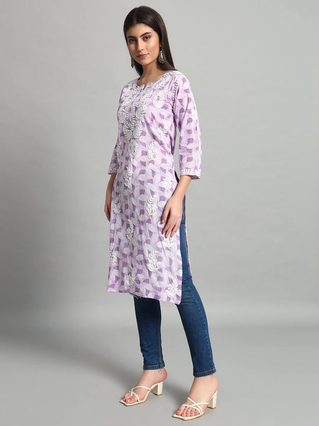 Handikraft Chikankari Kurta for Women Cotton Printed & Embroidered Straight Kurti Purple