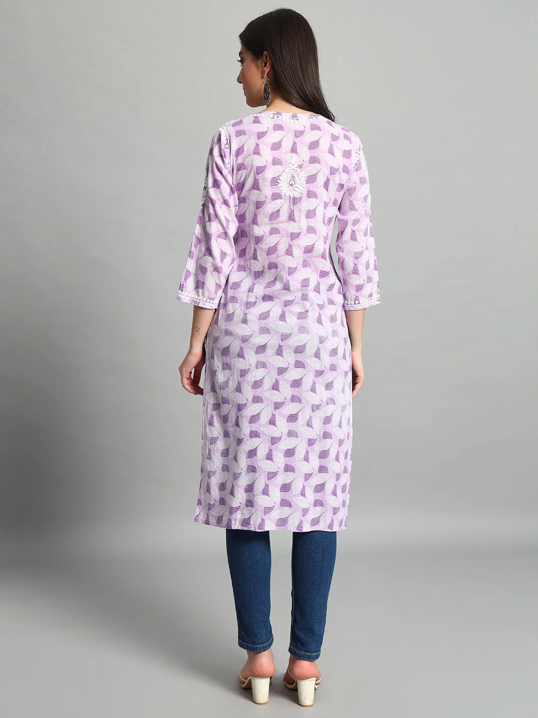 Handikraft Chikankari Kurta for Women Cotton Printed & Embroidered Straight Kurti Purple