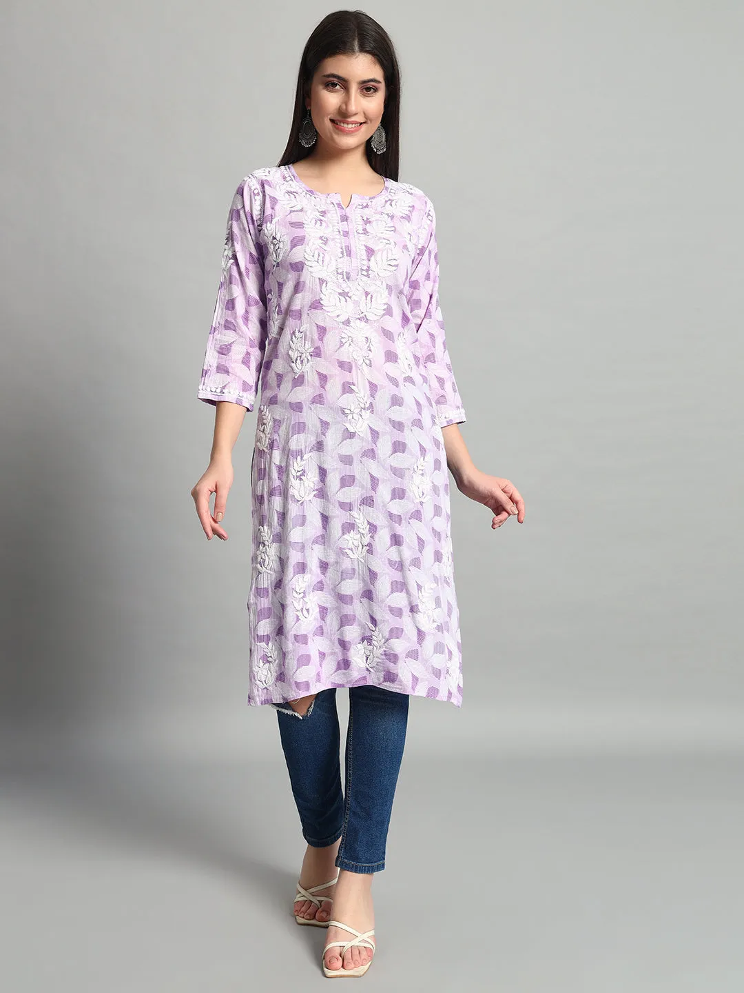 Handikraft Chikankari Kurta for Women Cotton Printed & Embroidered Straight Kurti Purple