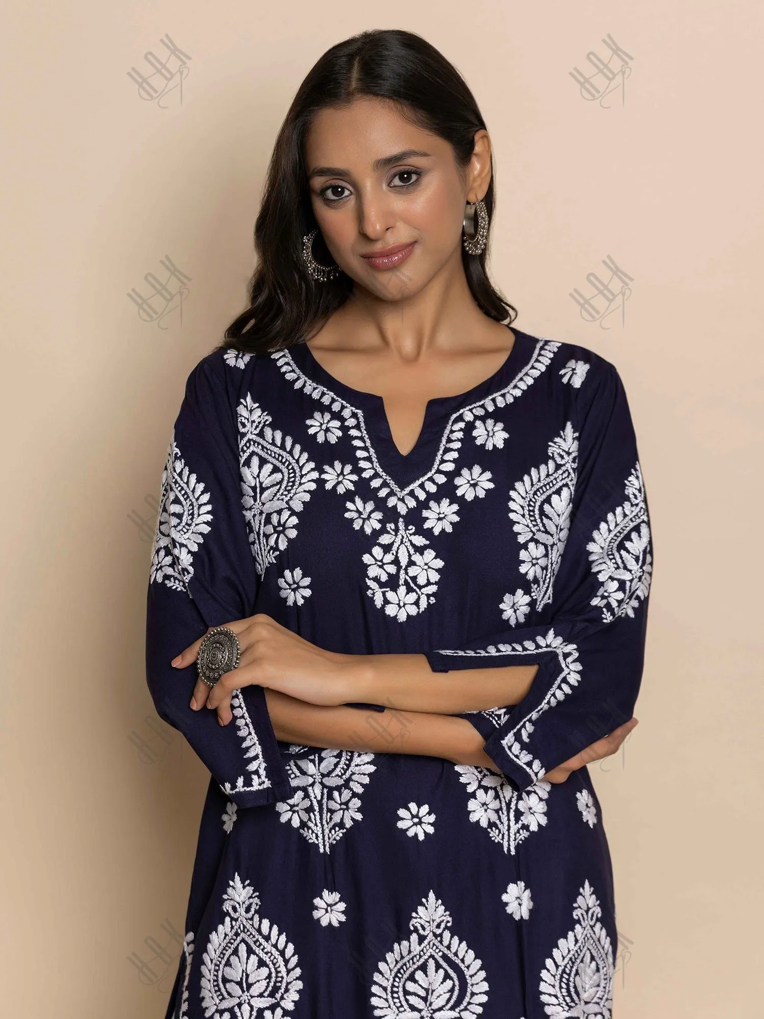 Himani in Fizaa Chikankari Kurta in Rayon Cotton Notch Neck Navy blue