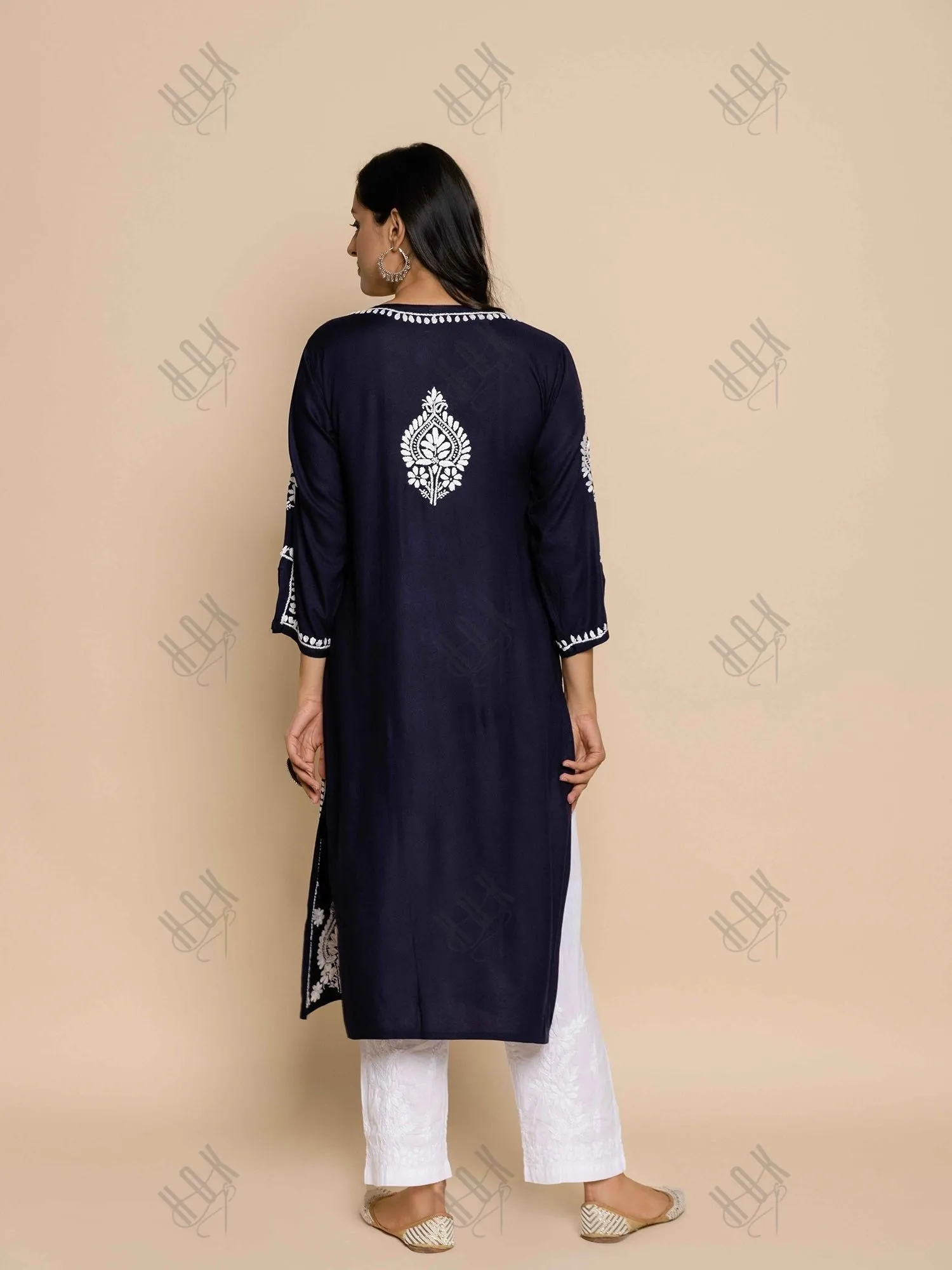 Himani in Fizaa Chikankari Kurta in Rayon Cotton Notch Neck Navy blue