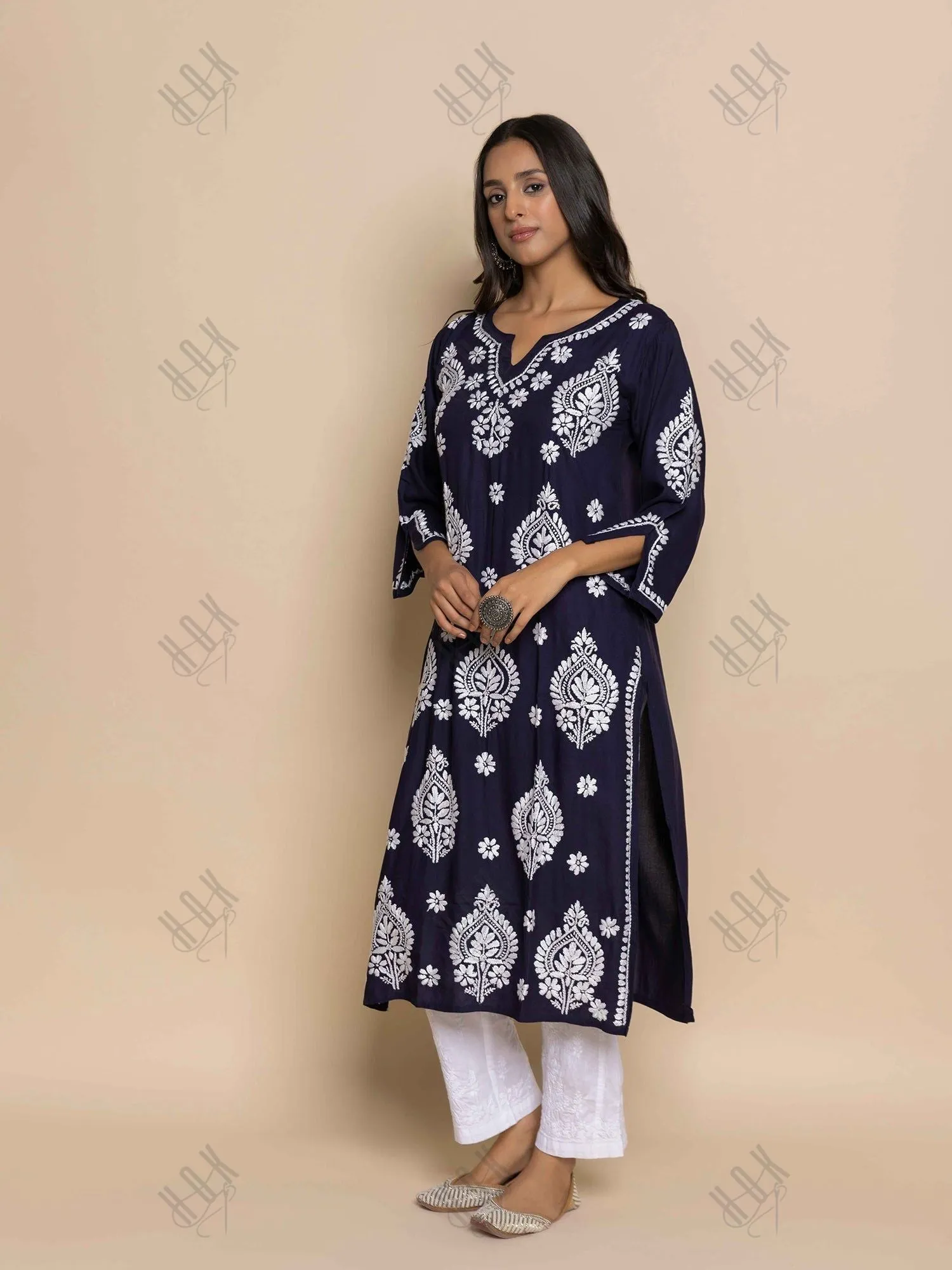 Himani in Fizaa Chikankari Kurta in Rayon Cotton Notch Neck Navy blue