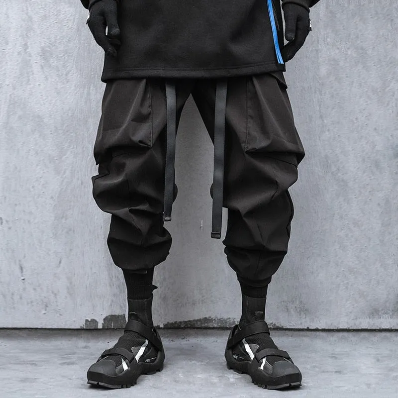 Hip Hop Men Pants Joggers Rope Ribbons Casual Loose Trousers Streetwear Techwear Cargo Pants Sweatpants WB625