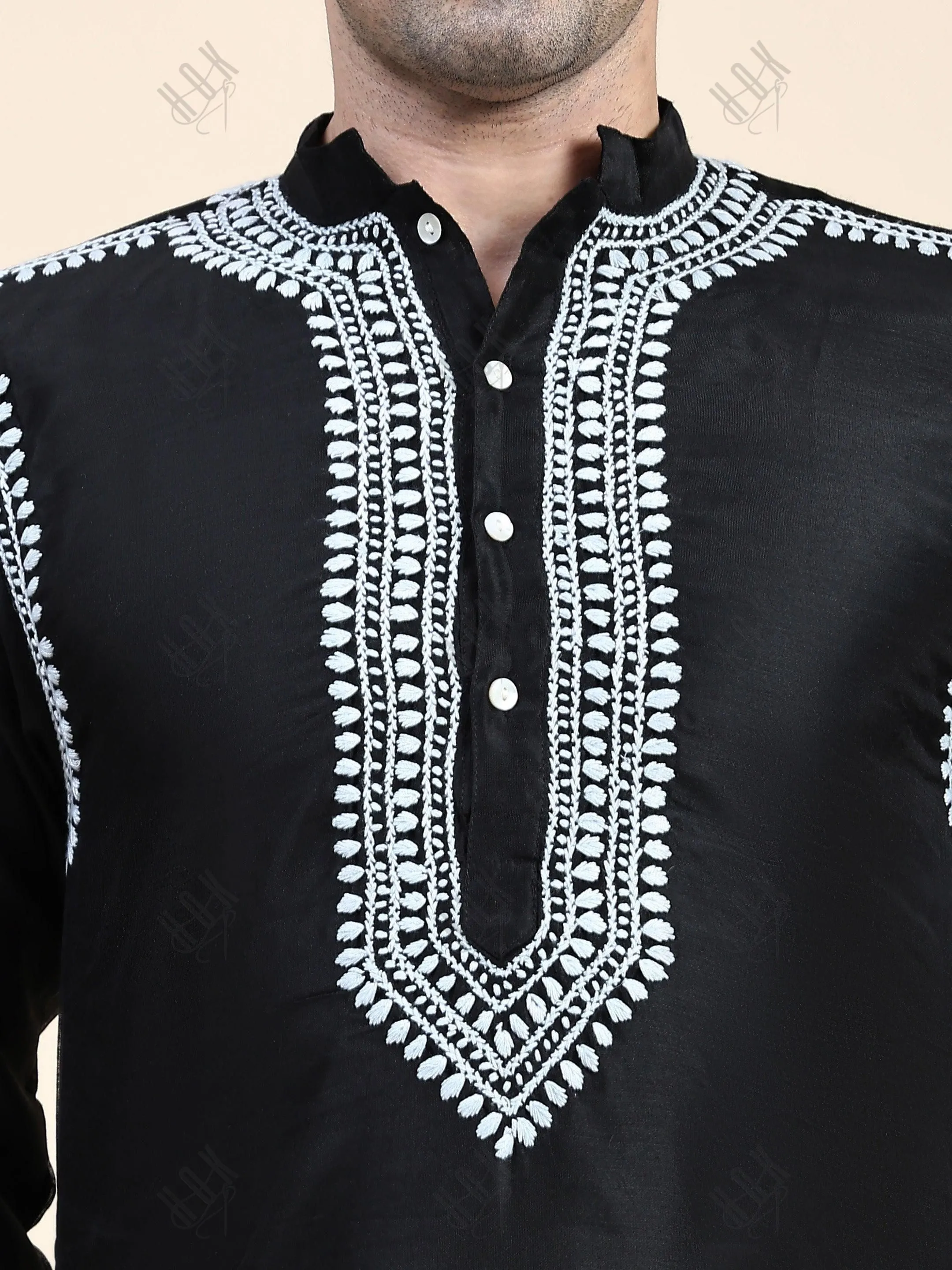 HOK Men's Chikankari Kurta in Chanderi Silk - Black