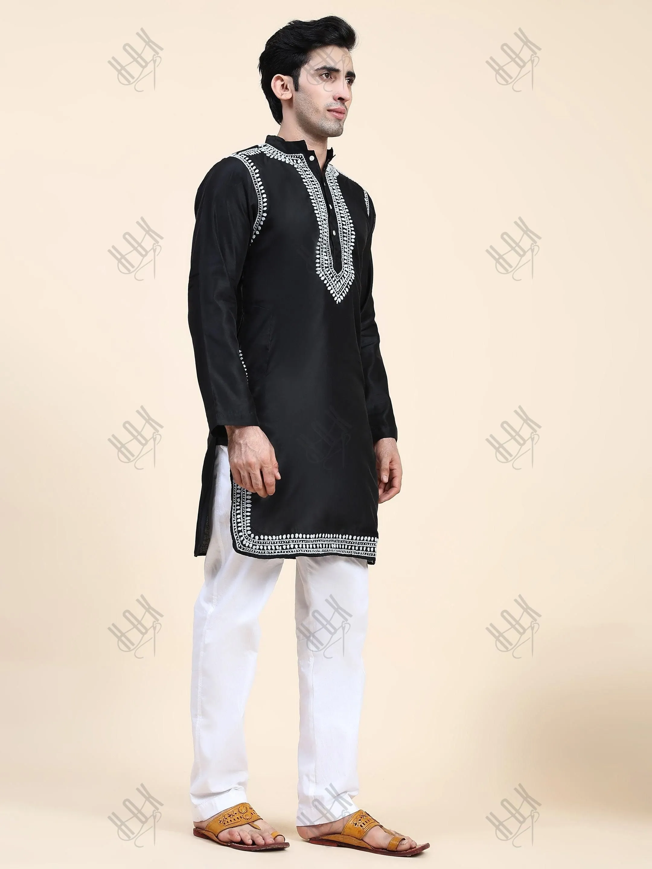 HOK Men's Chikankari Kurta in Chanderi Silk - Black