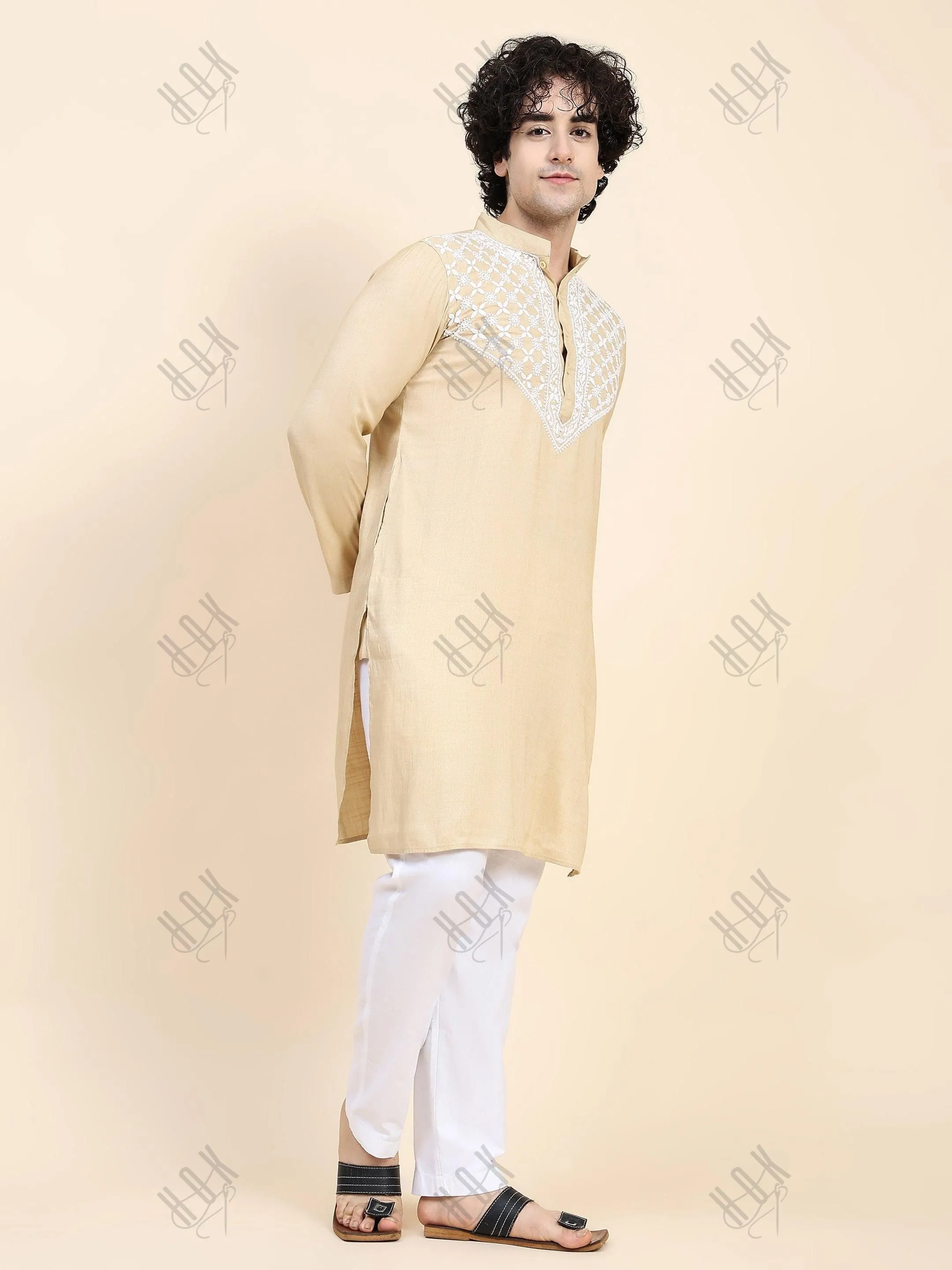 HOK Men's Chikankari Kurta in Cotton Silk Blend - Beige