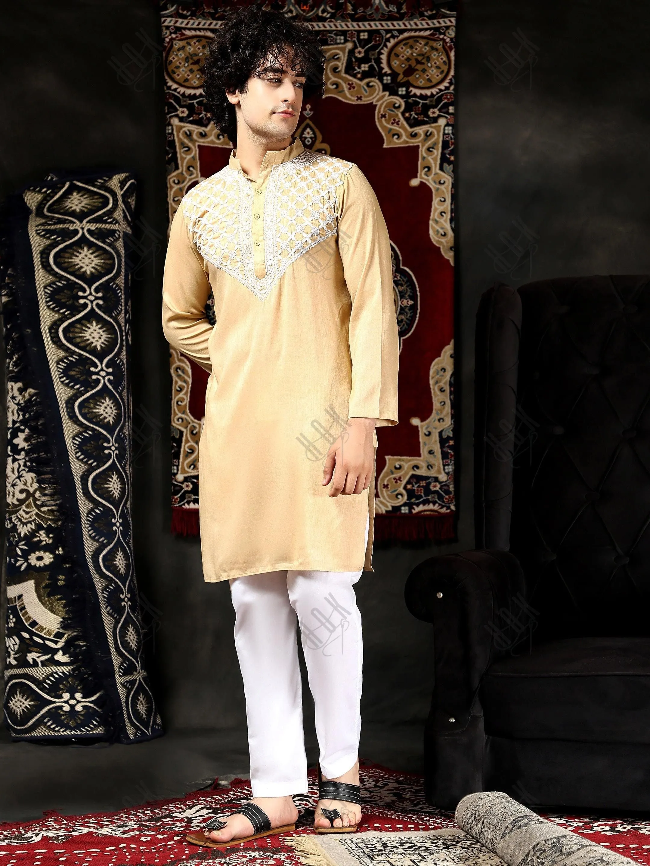 HOK Men's Chikankari Kurta in Cotton Silk Blend - Beige