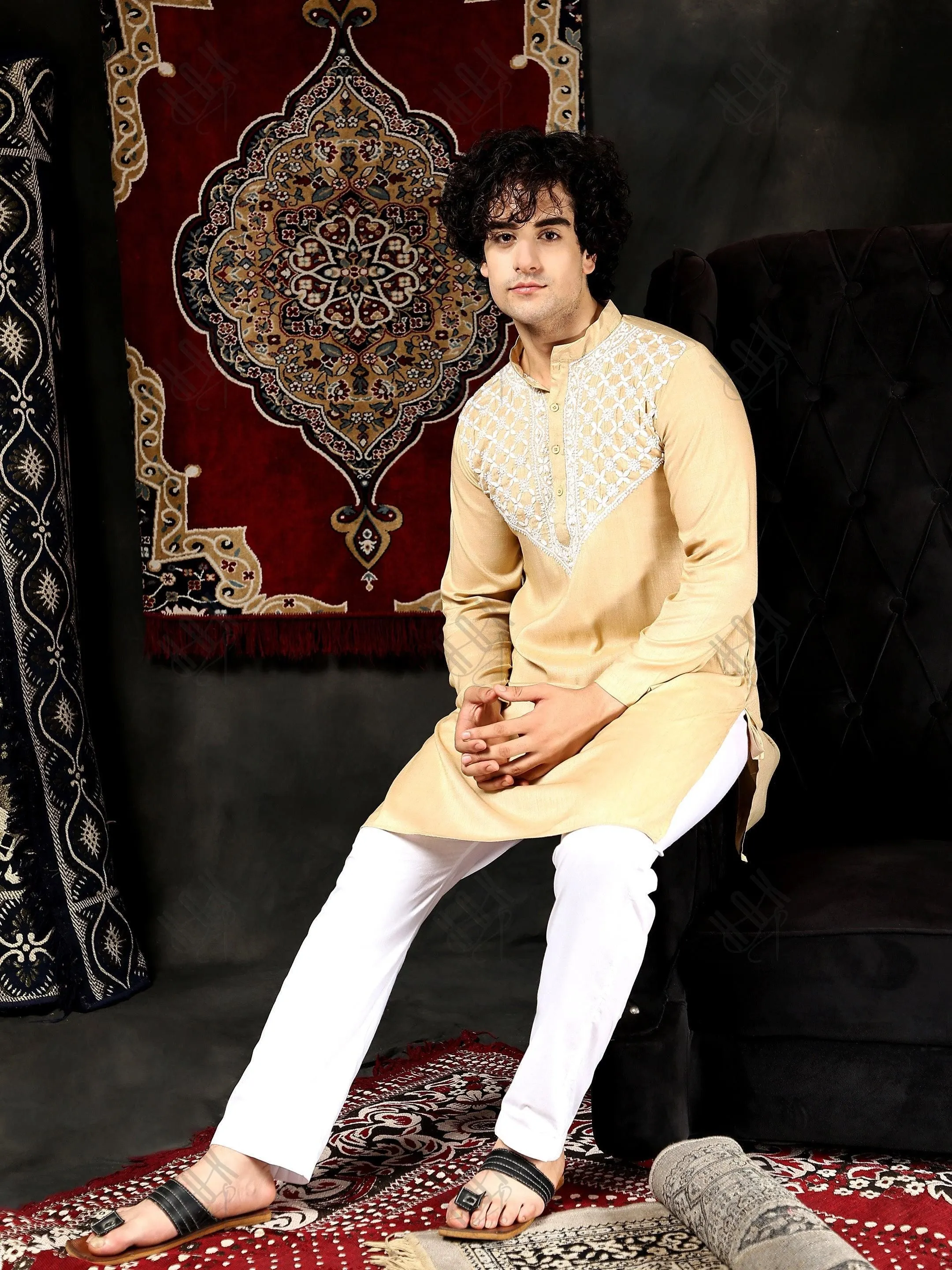 HOK Men's Chikankari Kurta in Cotton Silk Blend - Beige