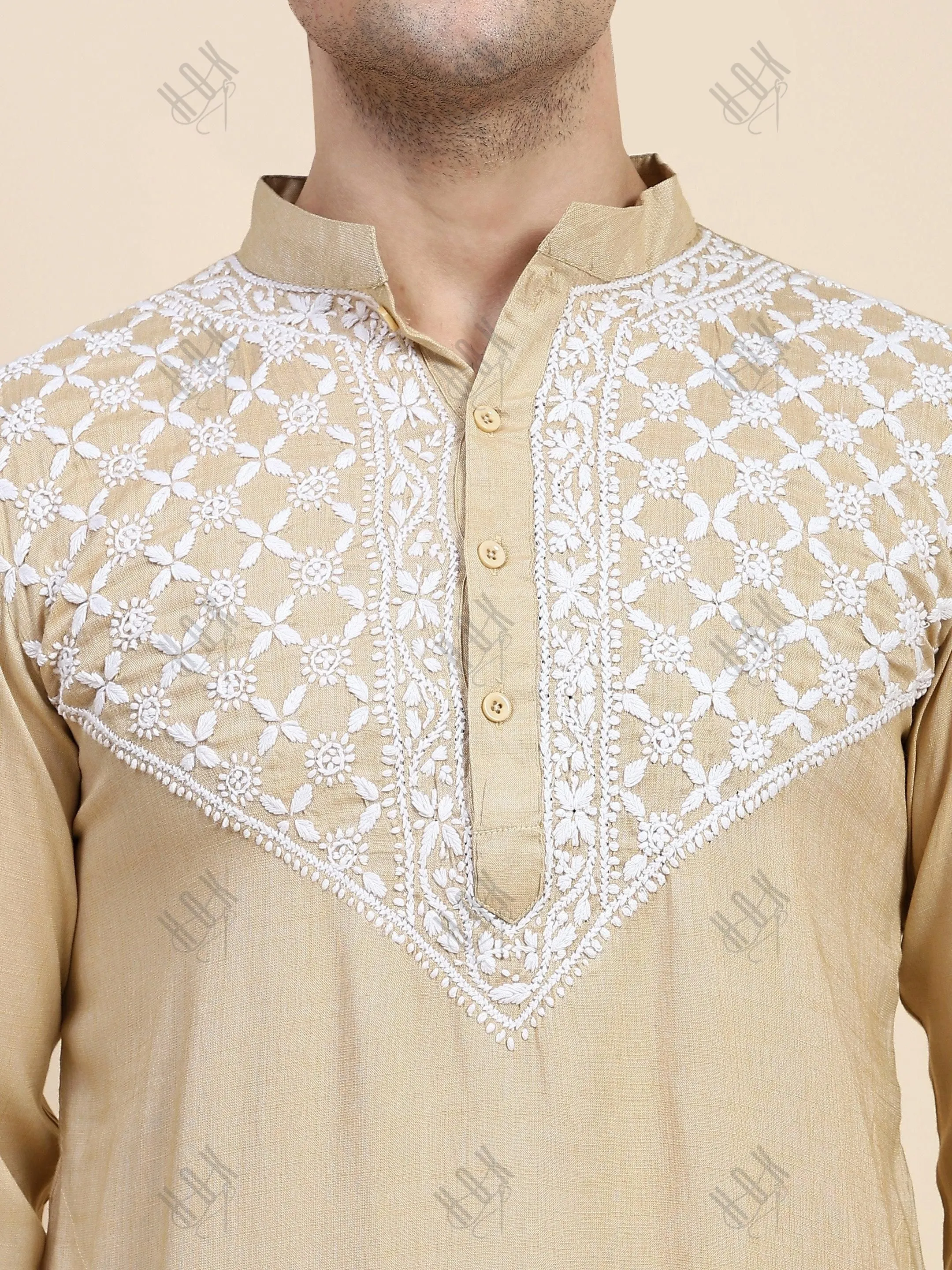 HOK Men's Chikankari Kurta in Cotton Silk Blend - Beige