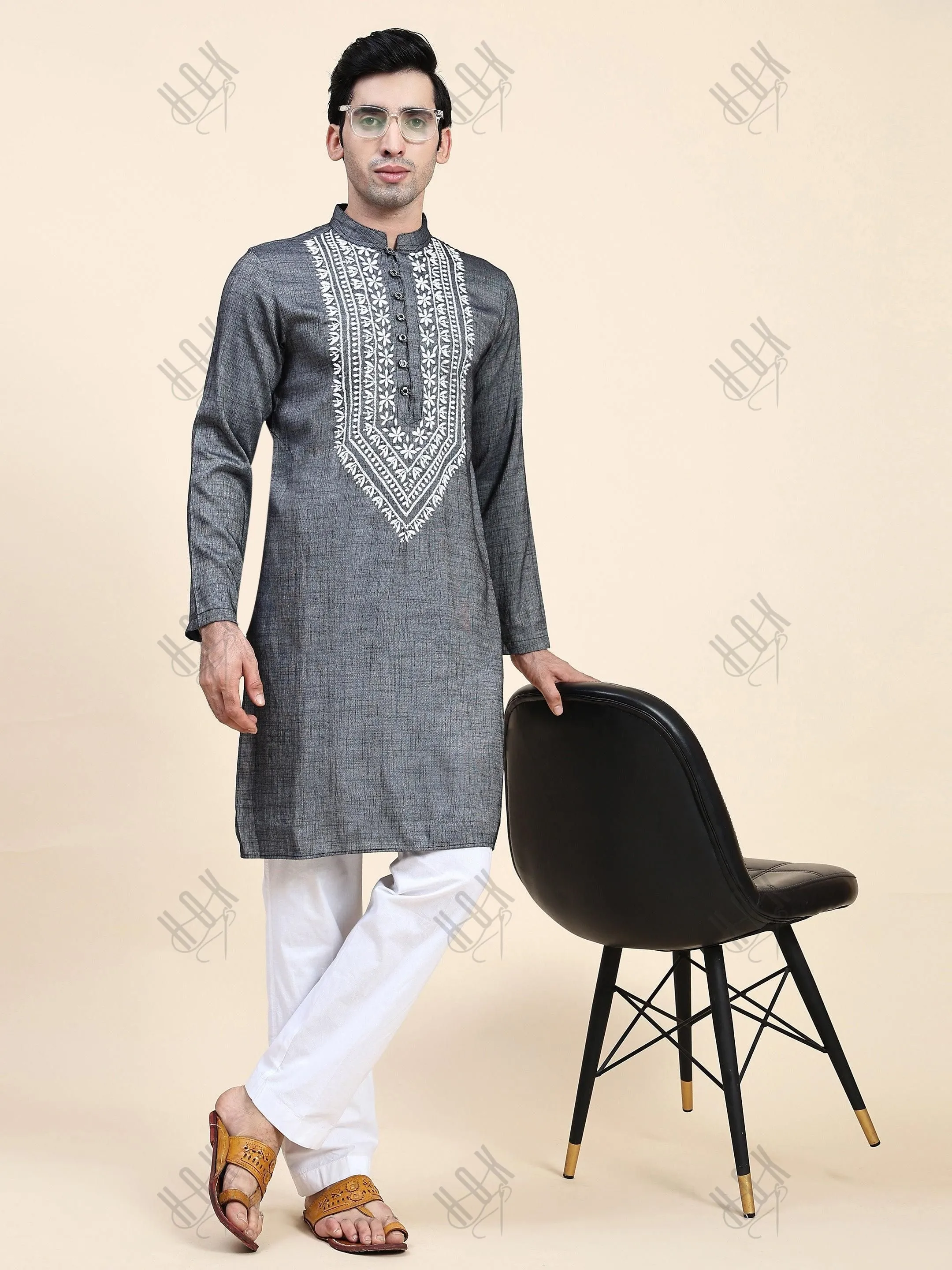 HOK Men's Chikankari Kurta in Cotton Silk Blend - Grey