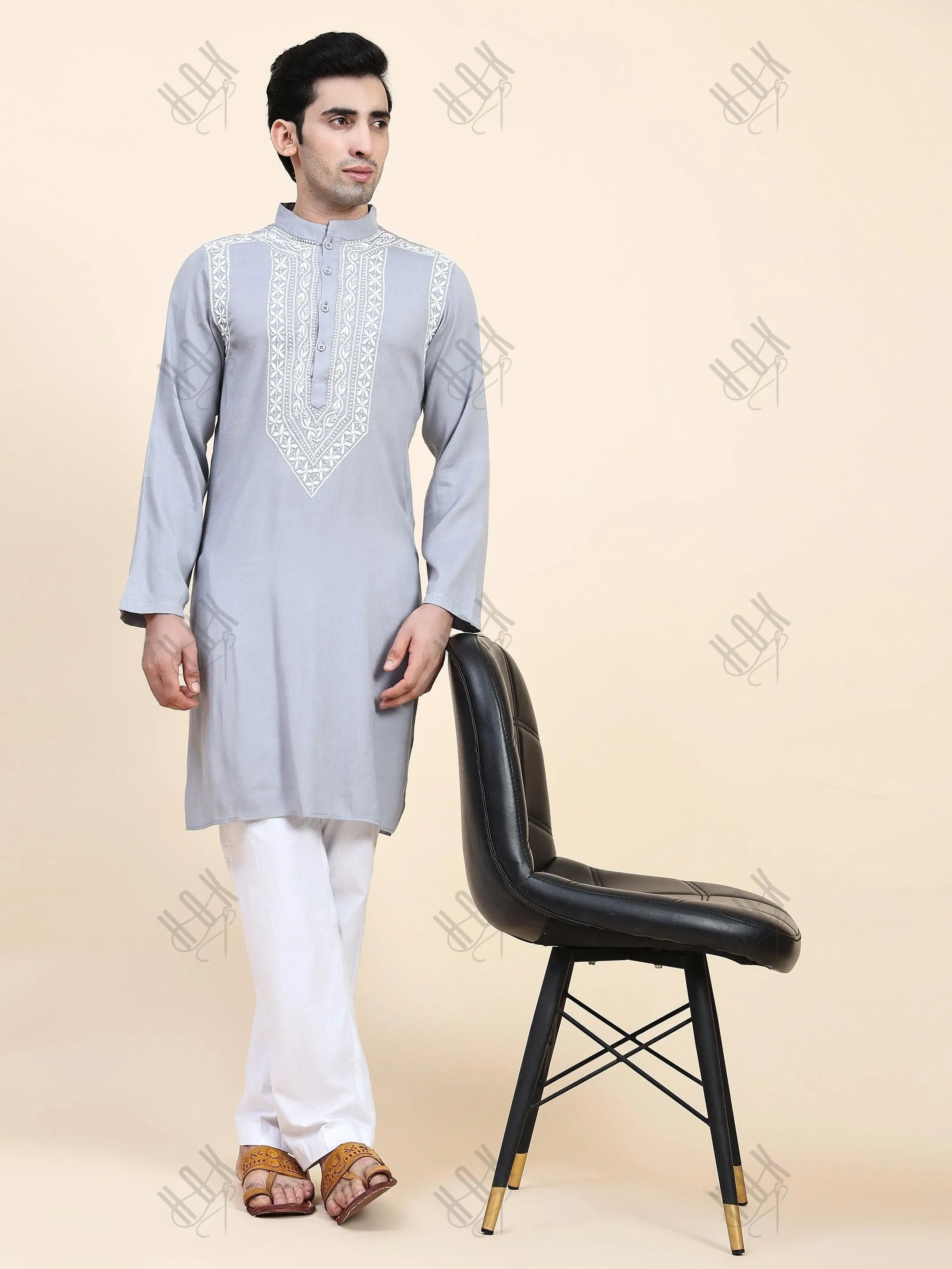 HOK Men's Chikankari Kurta in Cotton Silk Blend - Grey