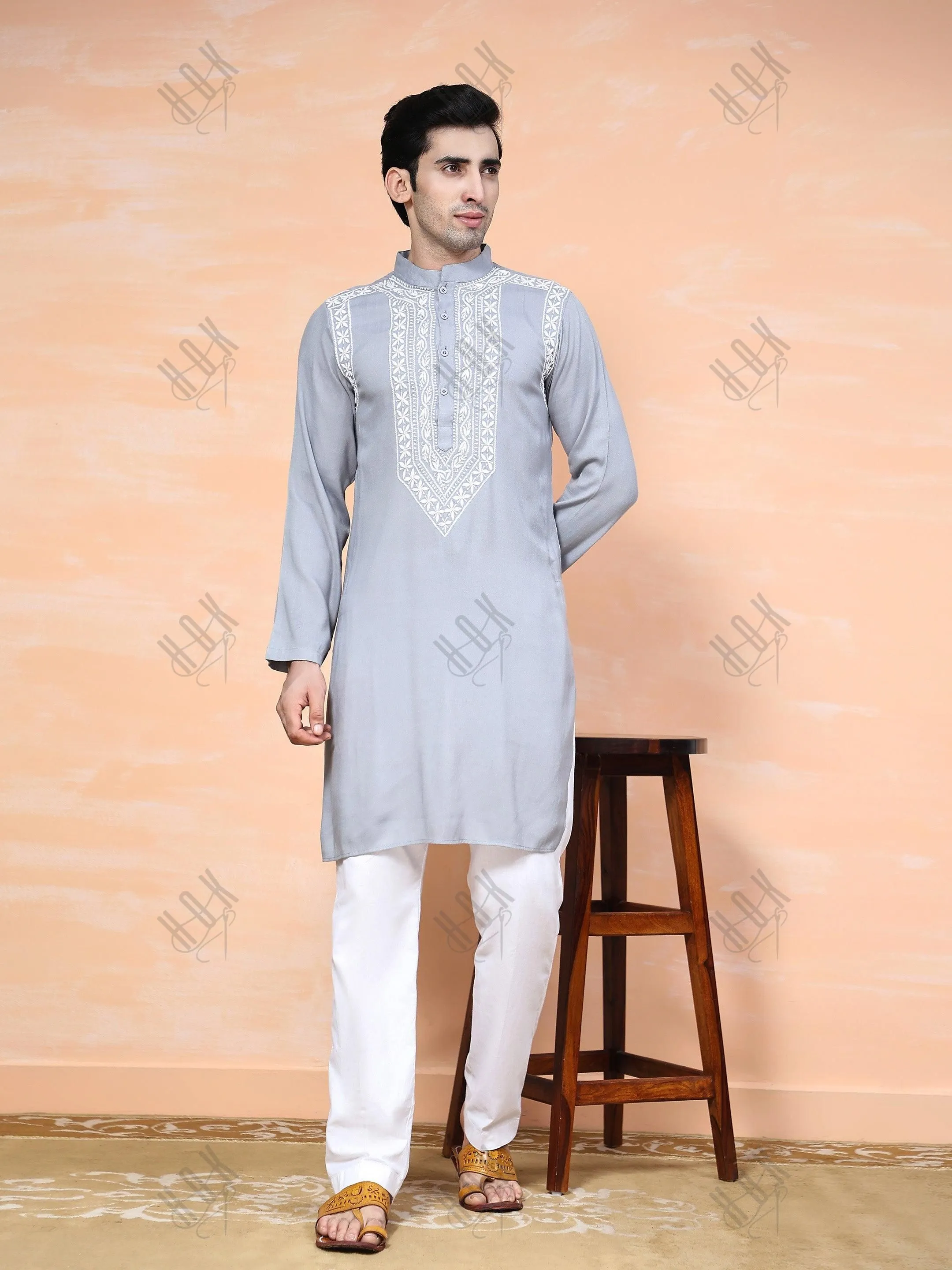 HOK Men's Chikankari Kurta in Cotton Silk Blend - Grey