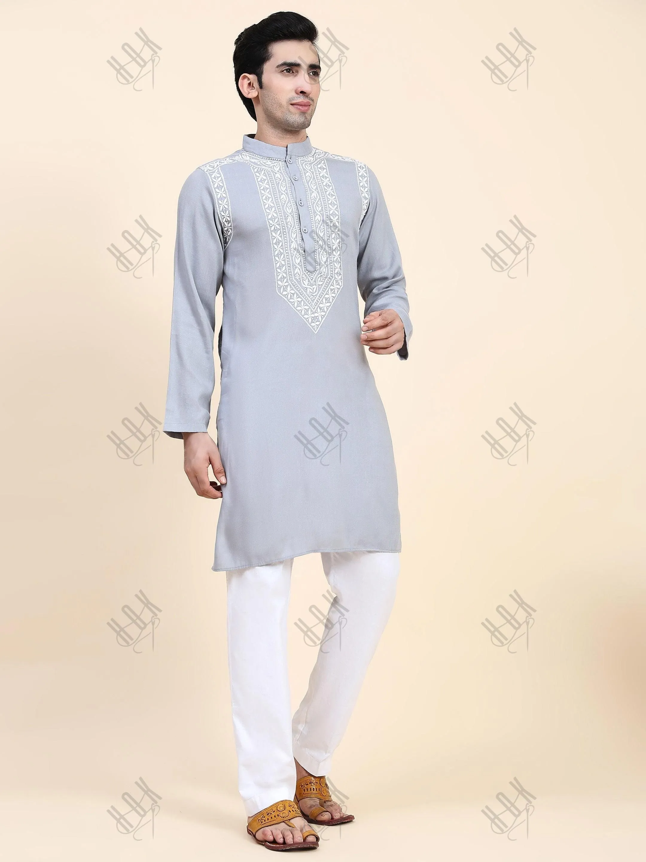 HOK Men's Chikankari Kurta in Cotton Silk Blend - Grey