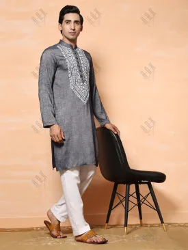 HOK Men's Chikankari Kurta in Cotton Silk Blend - Grey