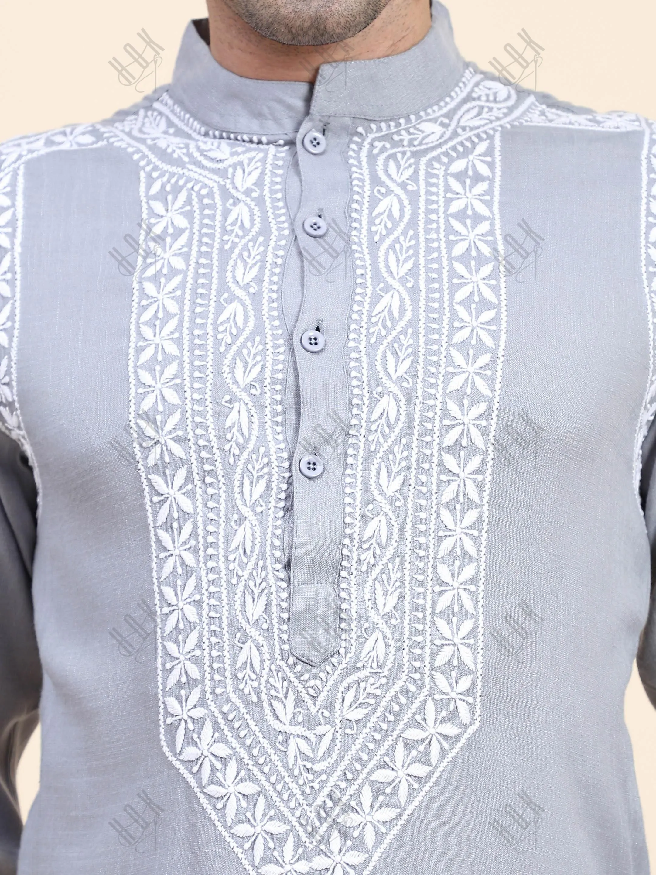 HOK Men's Chikankari Kurta in Cotton Silk Blend - Grey