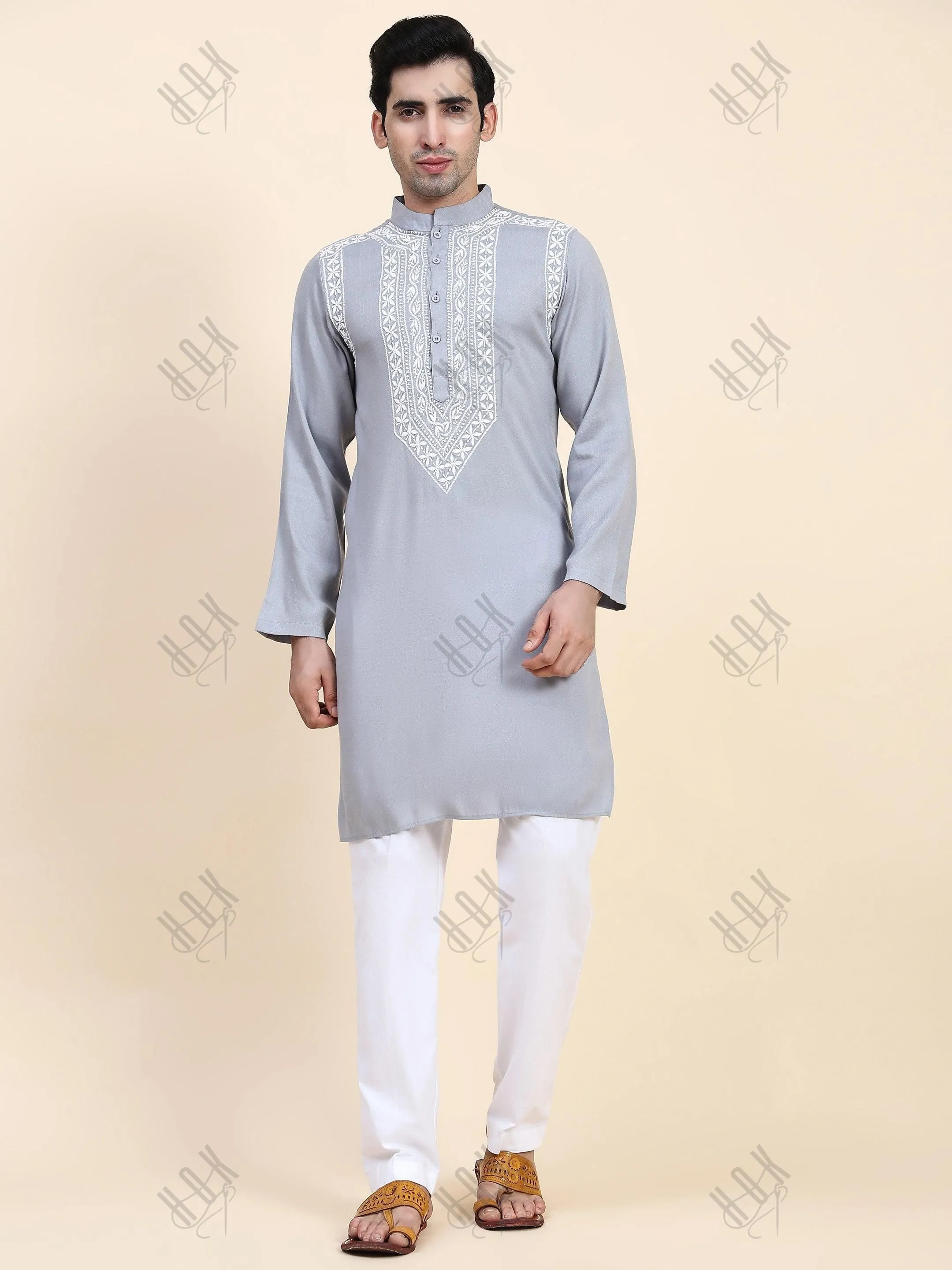 HOK Men's Chikankari Kurta in Cotton Silk Blend - Grey