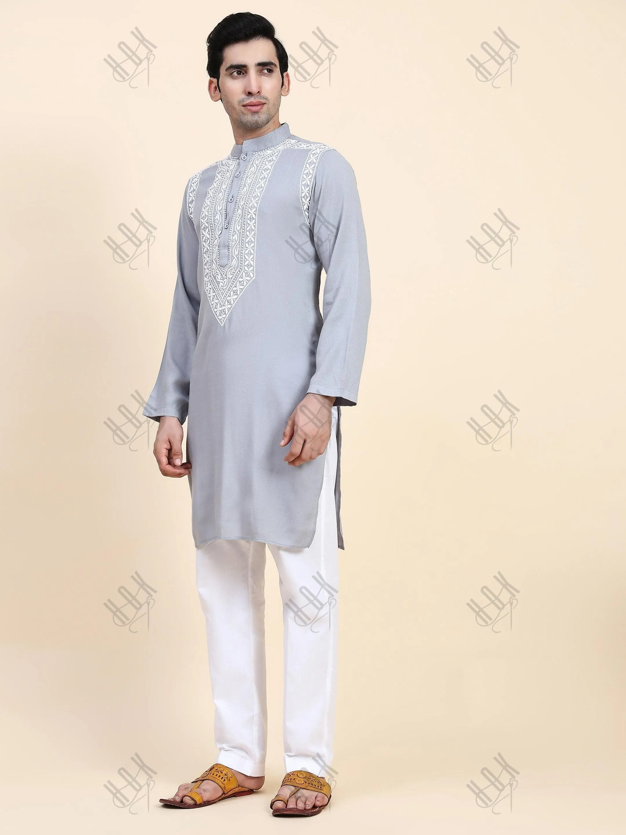 HOK Men's Chikankari Kurta in Cotton Silk Blend - Grey