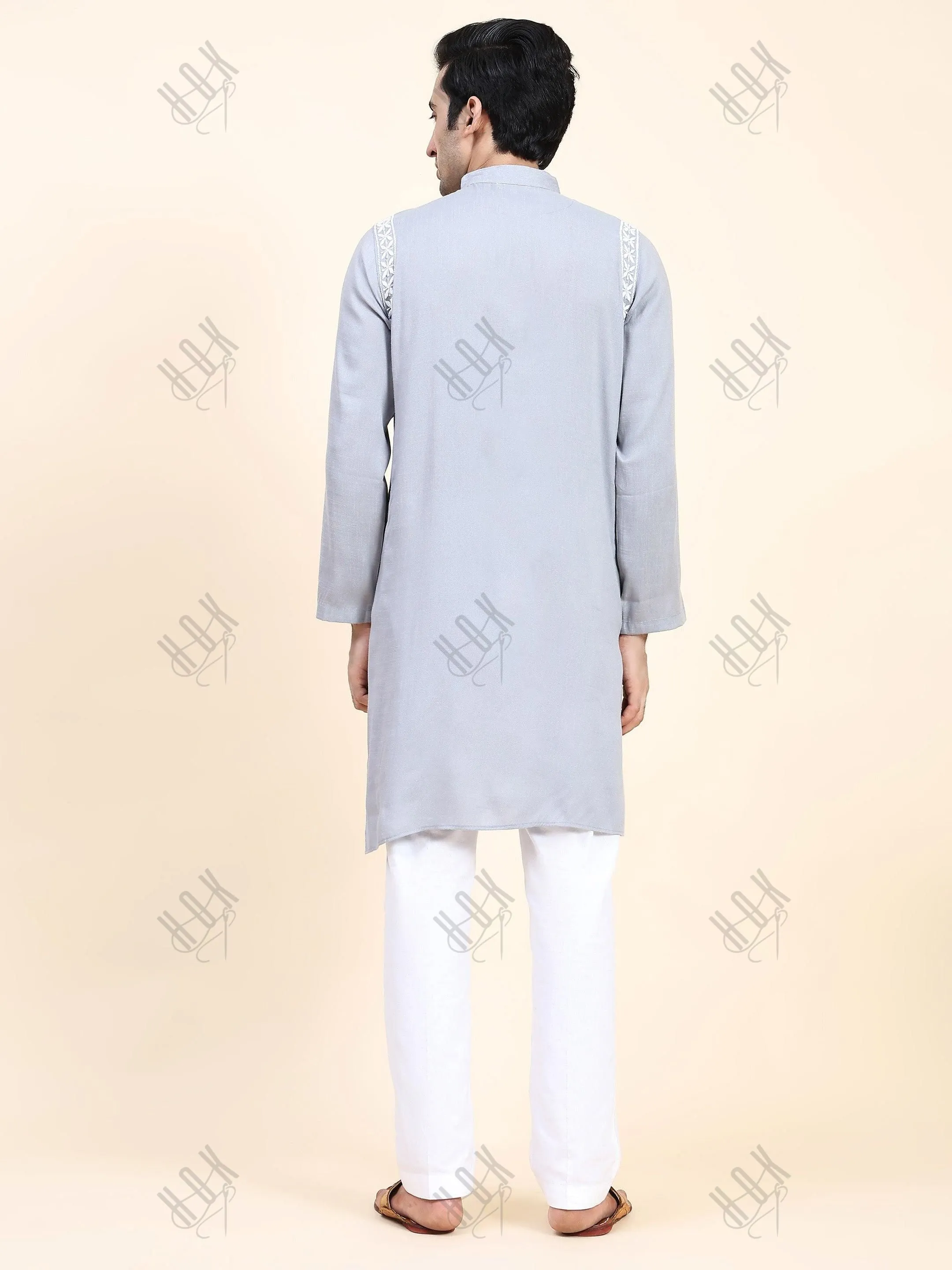 HOK Men's Chikankari Kurta in Cotton Silk Blend - Grey