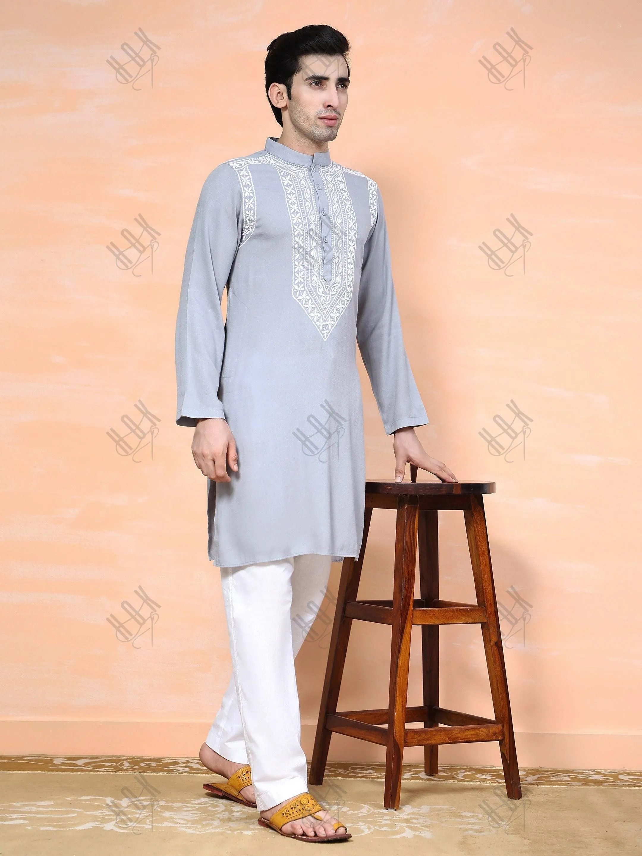 HOK Men's Chikankari Kurta in Cotton Silk Blend - Grey